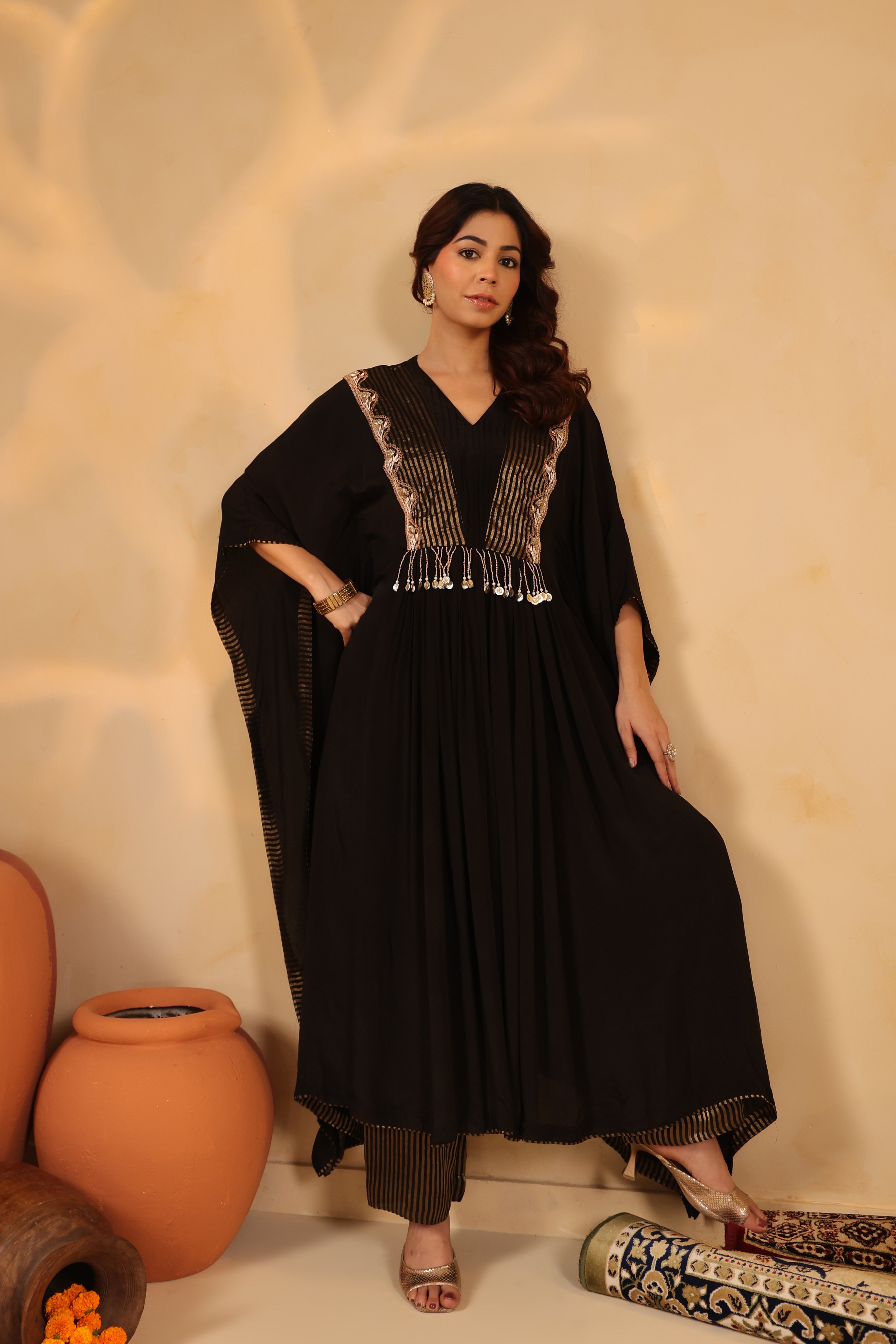 Black Embellished Kaftan with Pant Set