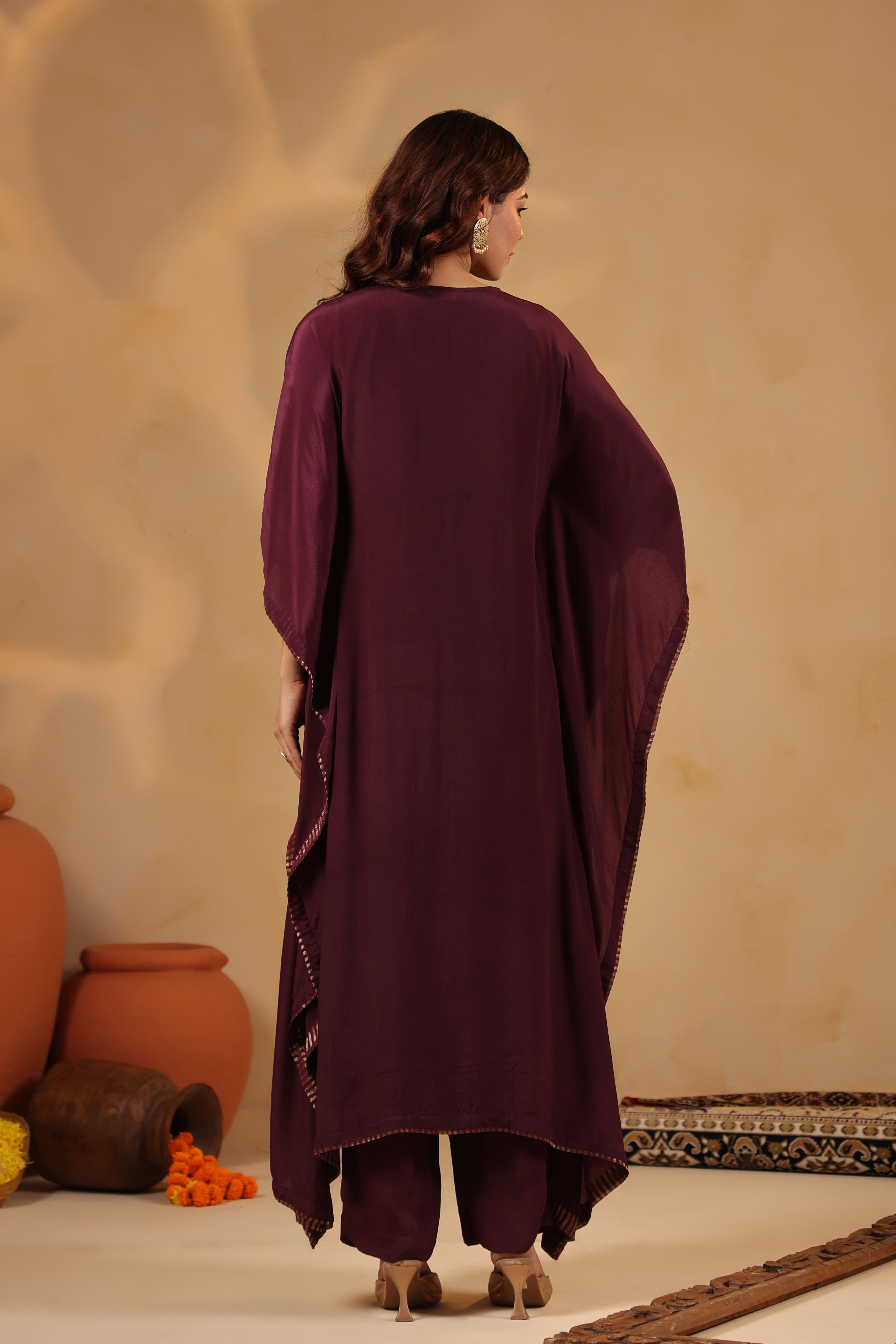 Plum Embellished Kaftan with Pant Set