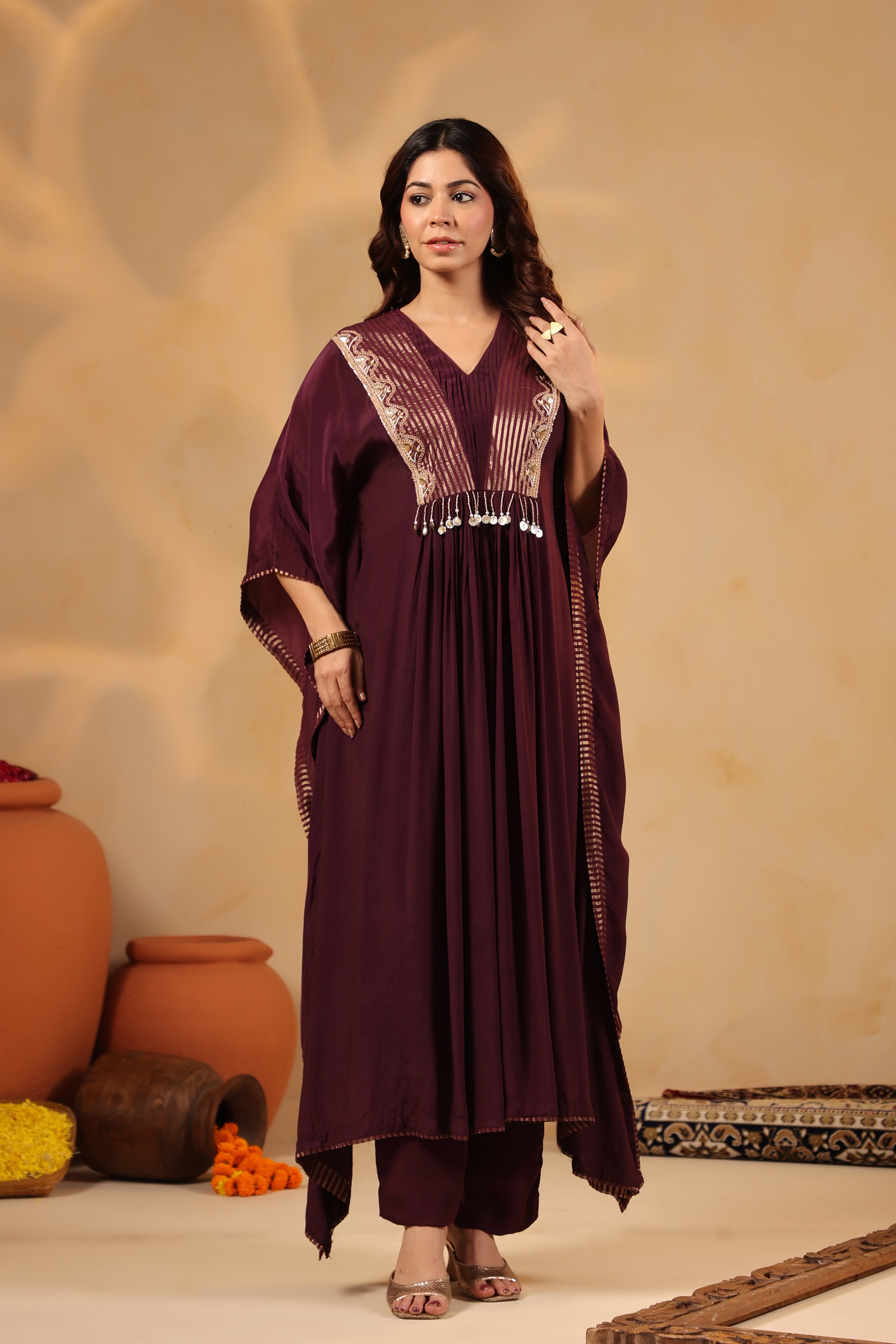 Plum Embellished Kaftan with Pant Set
