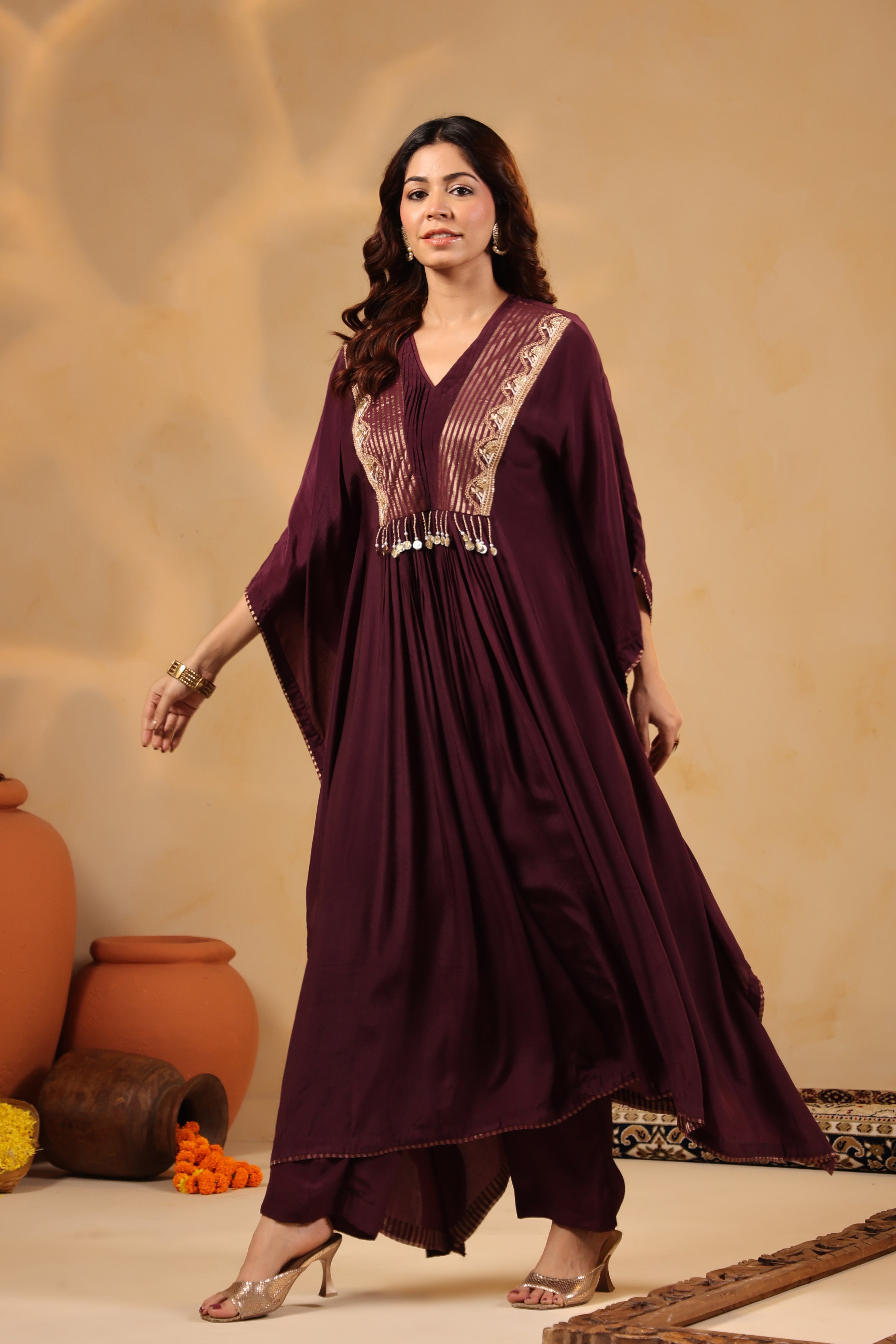 Plum Embellished Kaftan with Pant Set