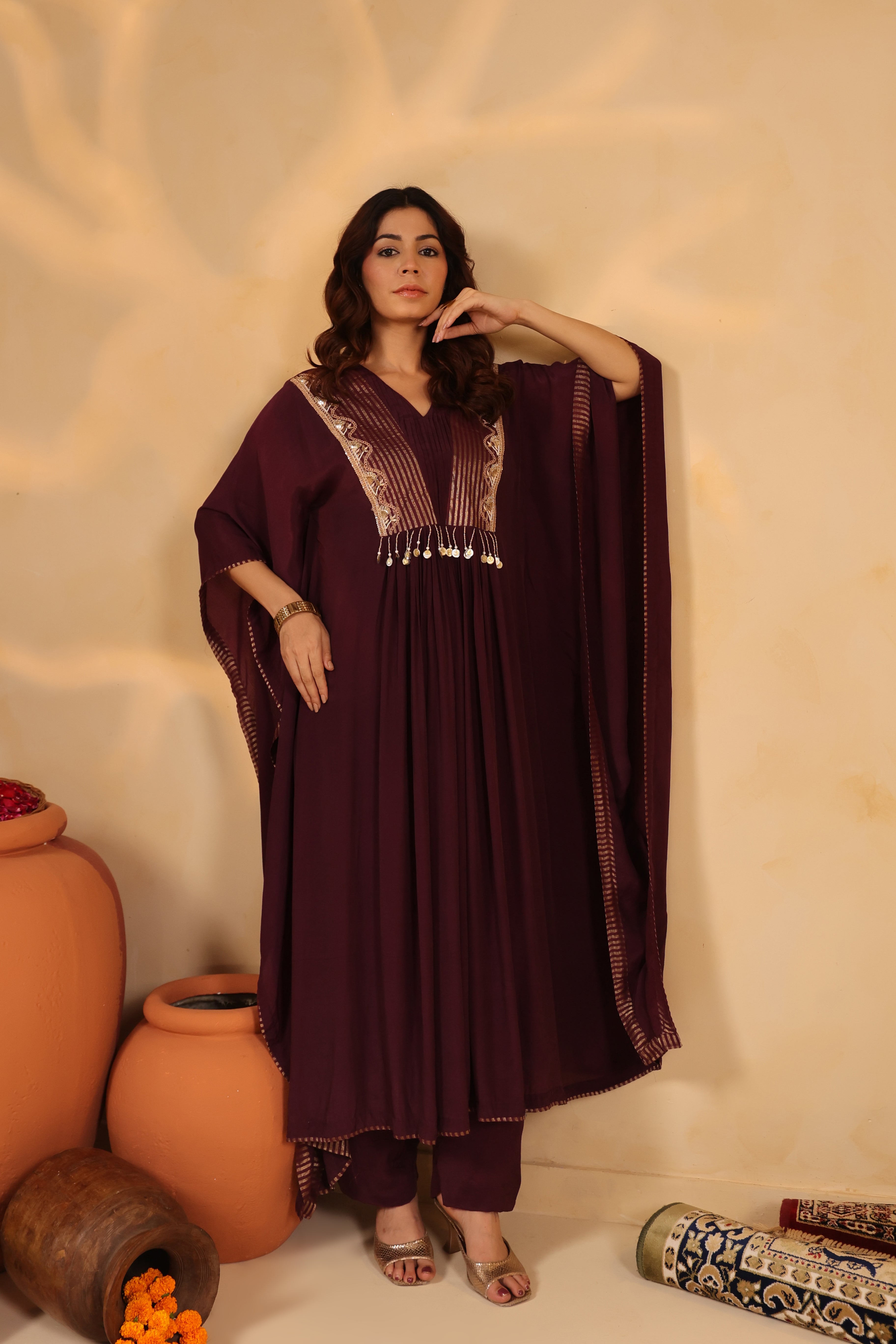 Plum Embellished Kaftan with Pant Set
