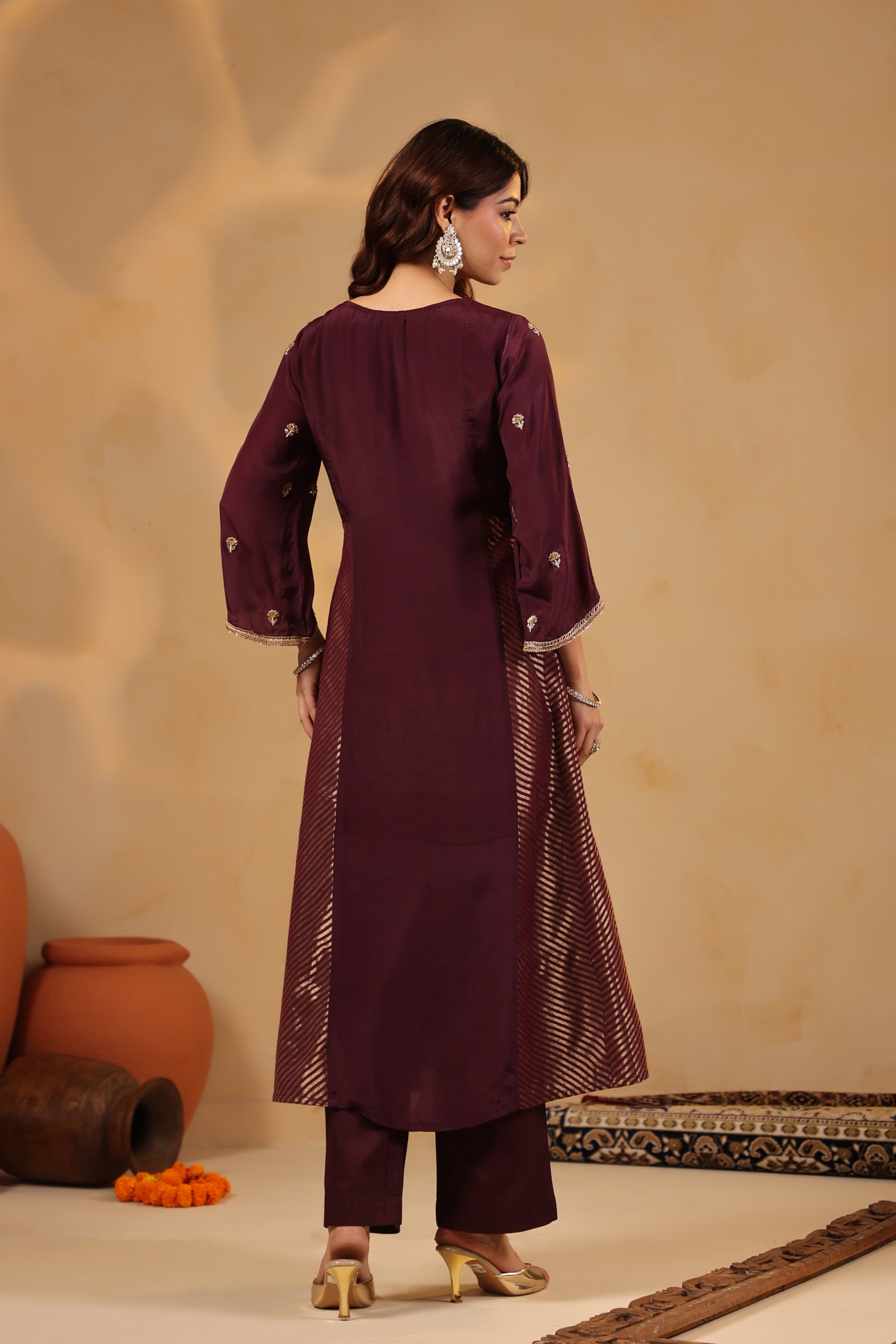 Saanjh Chevron Plum Panel Kurta and Pant with Dupatta