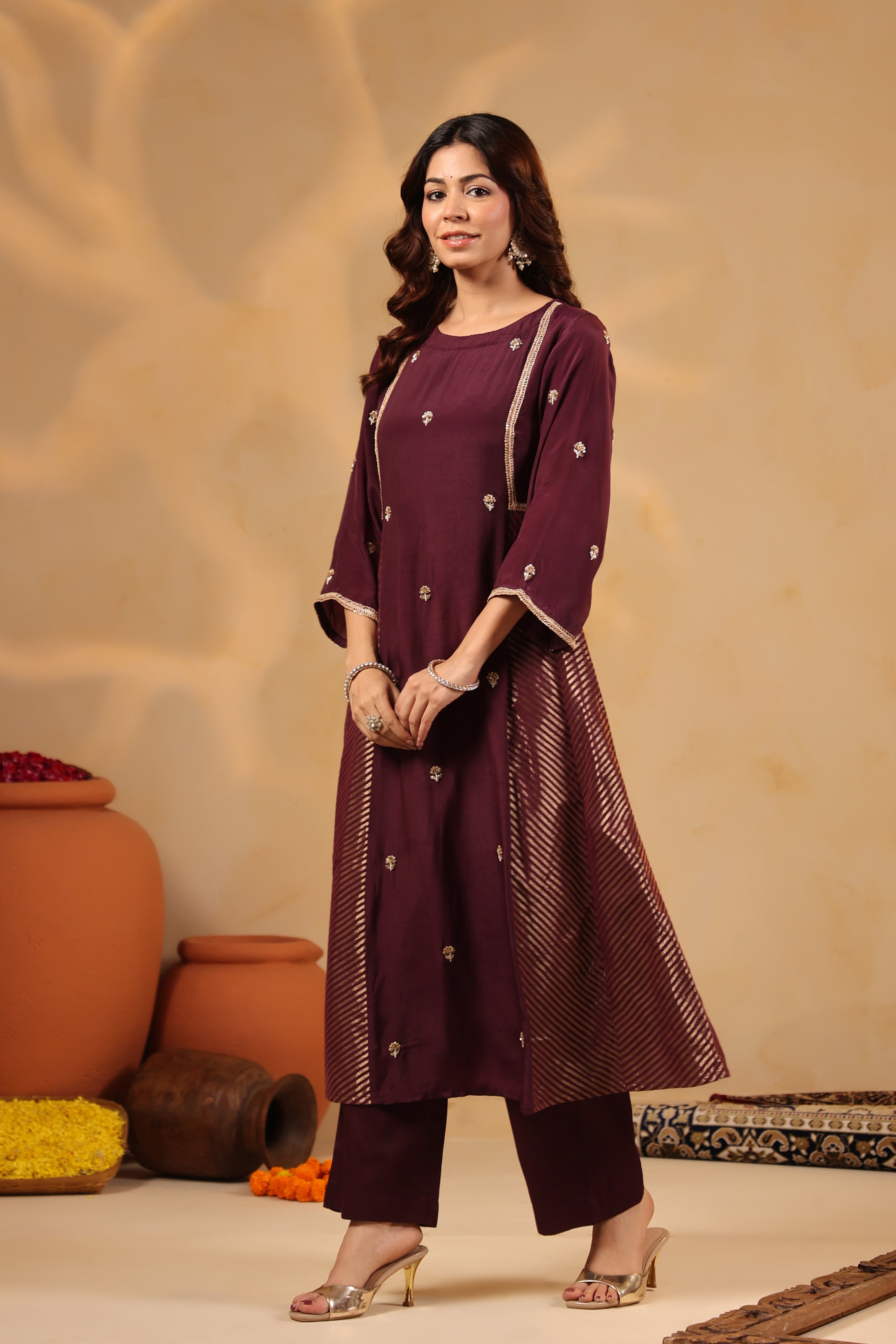 Saanjh Chevron Plum Panel Kurta and Pant with Dupatta