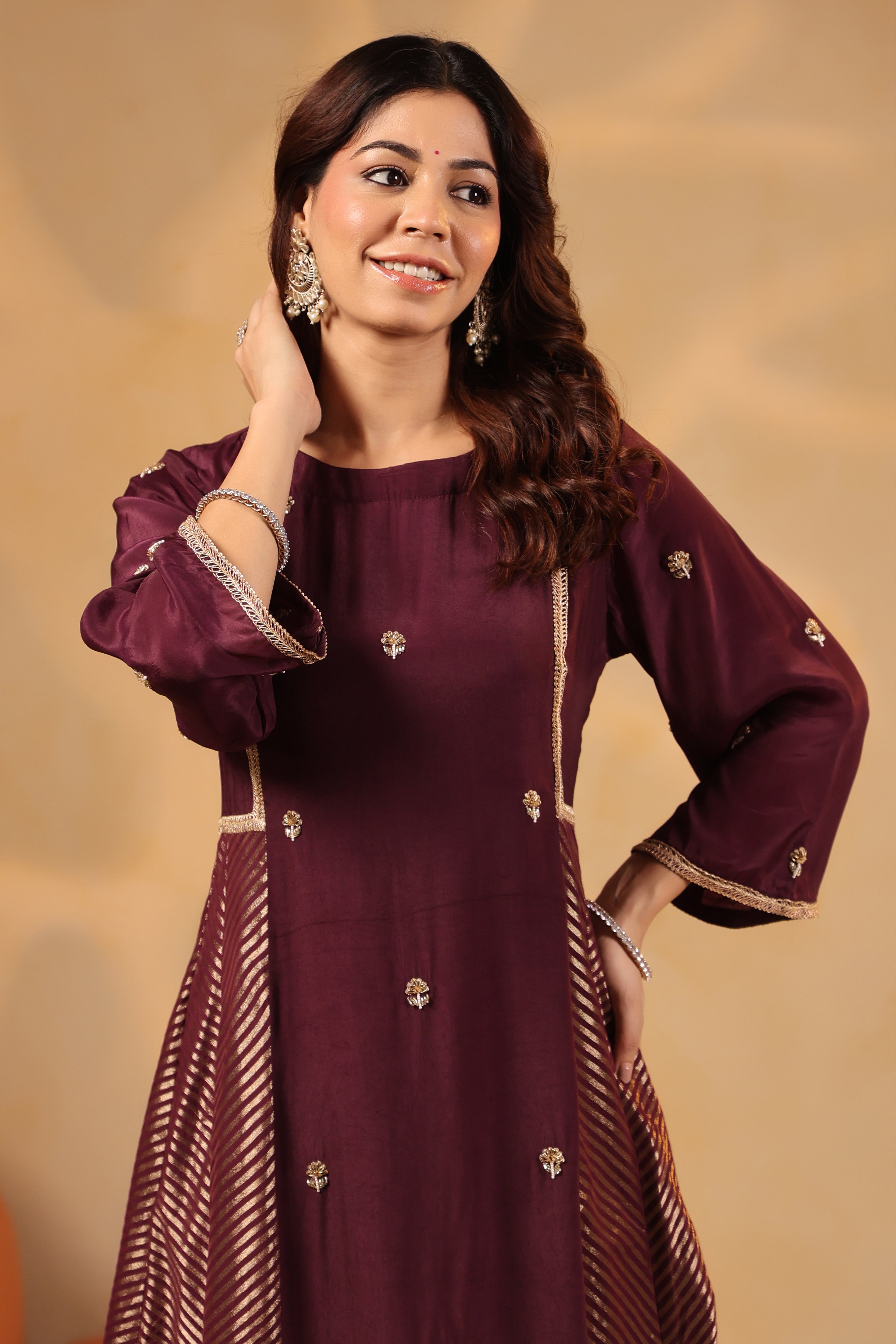 Saanjh Chevron Plum Panel Kurta and Pant with Dupatta