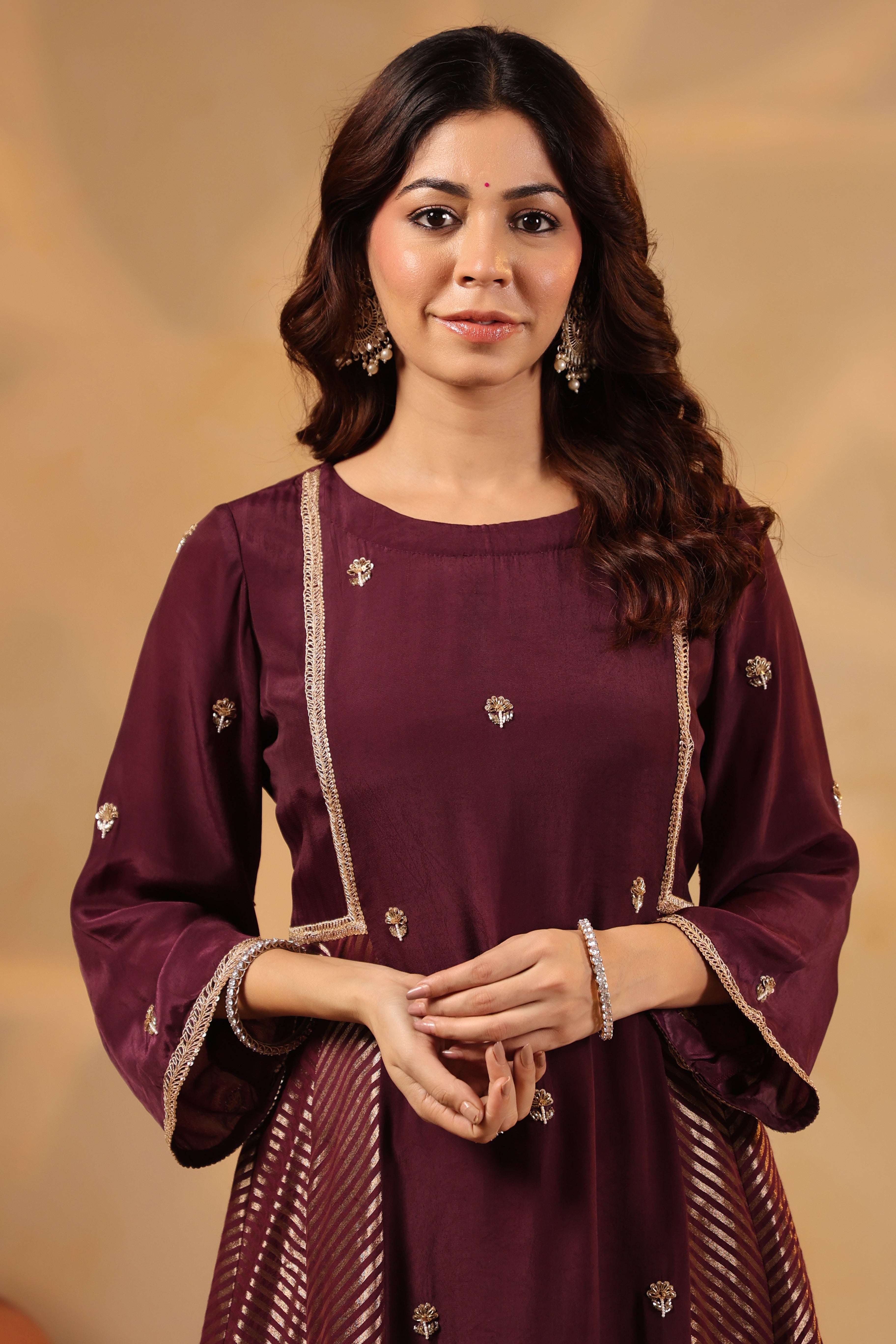 Saanjh Chevron Plum Panel Kurta and Pant with Dupatta