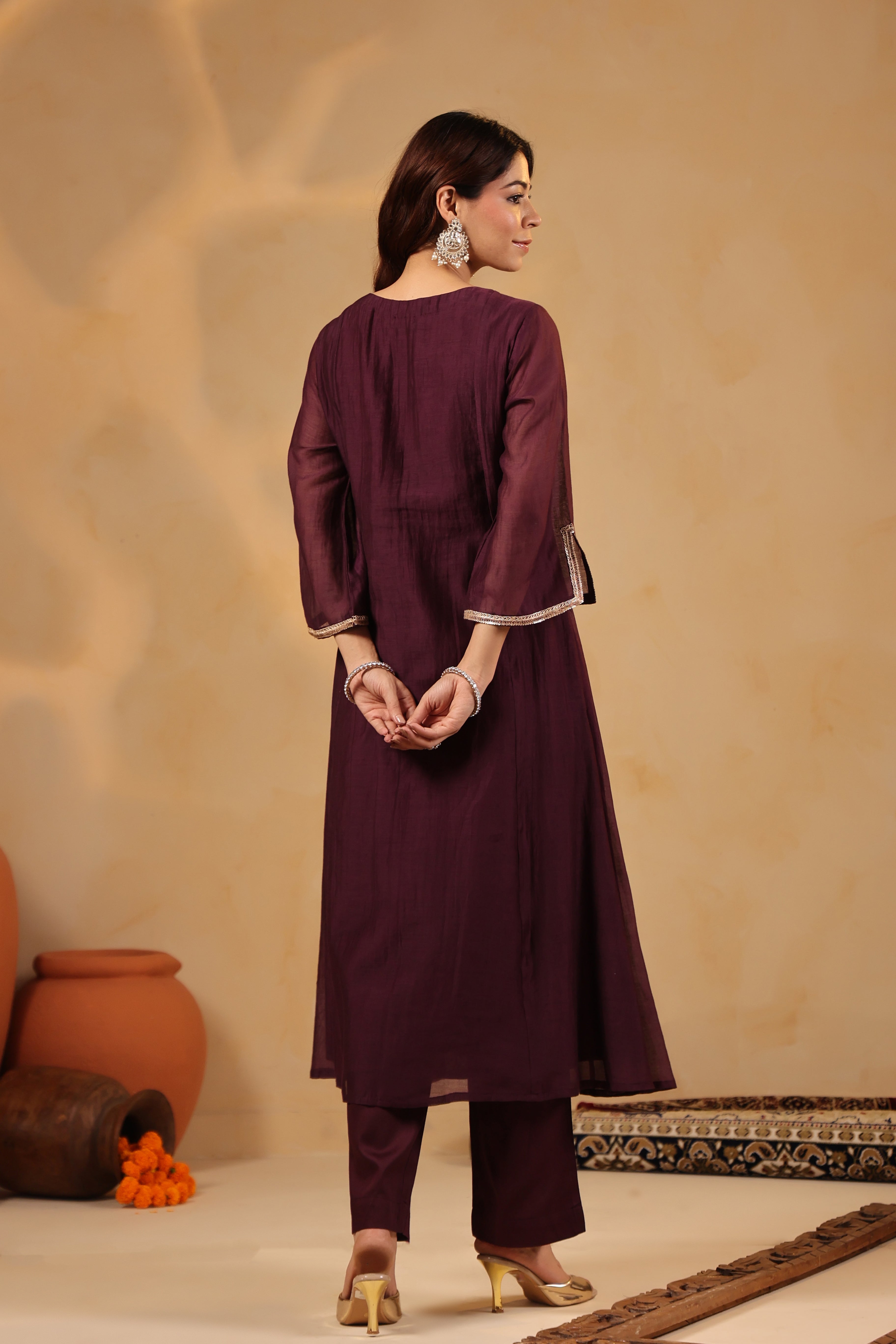 Deep Plum Zardozi Hand work Mul Chanderi Suit