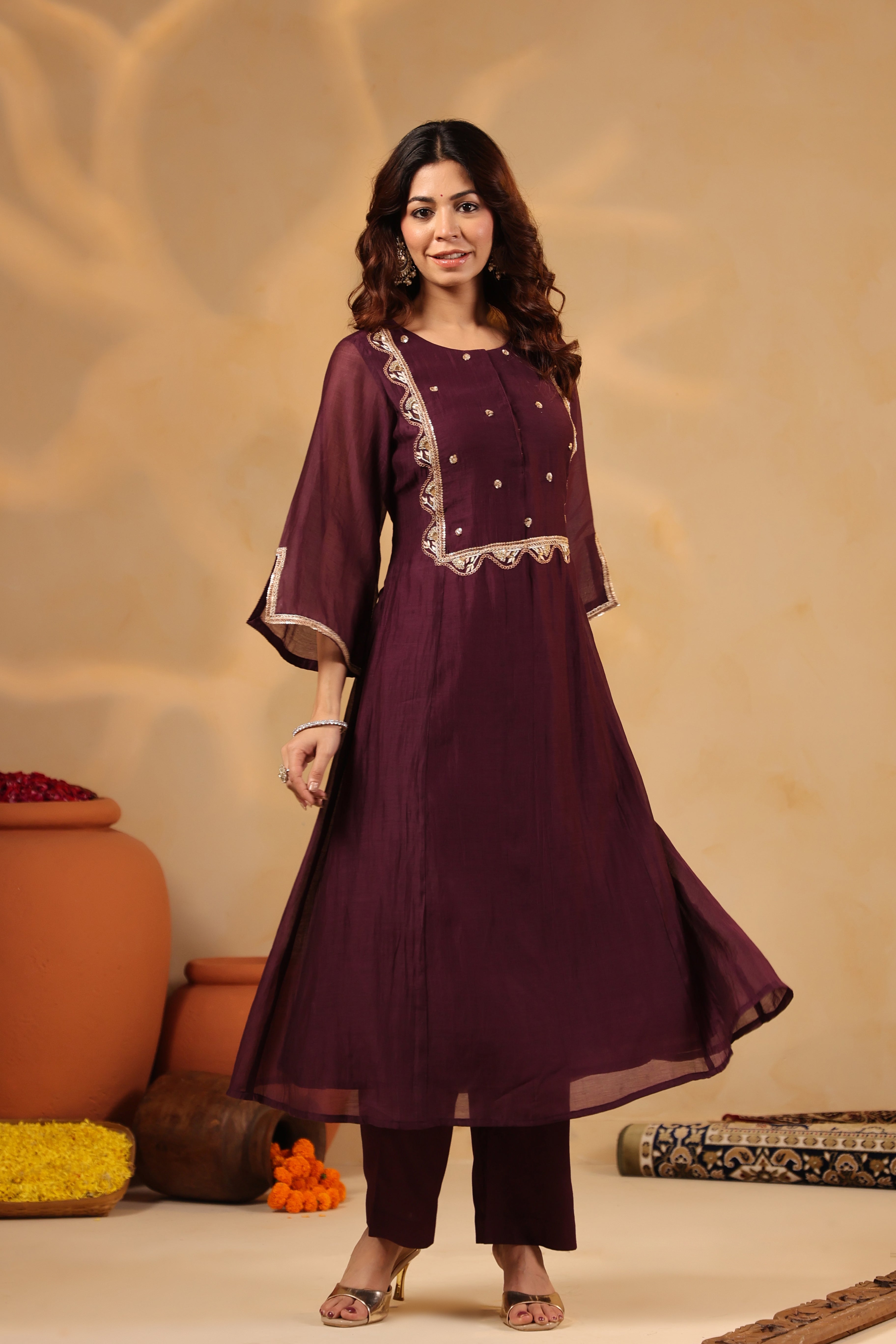 Deep Plum Zardozi Hand work Mul Chanderi Suit