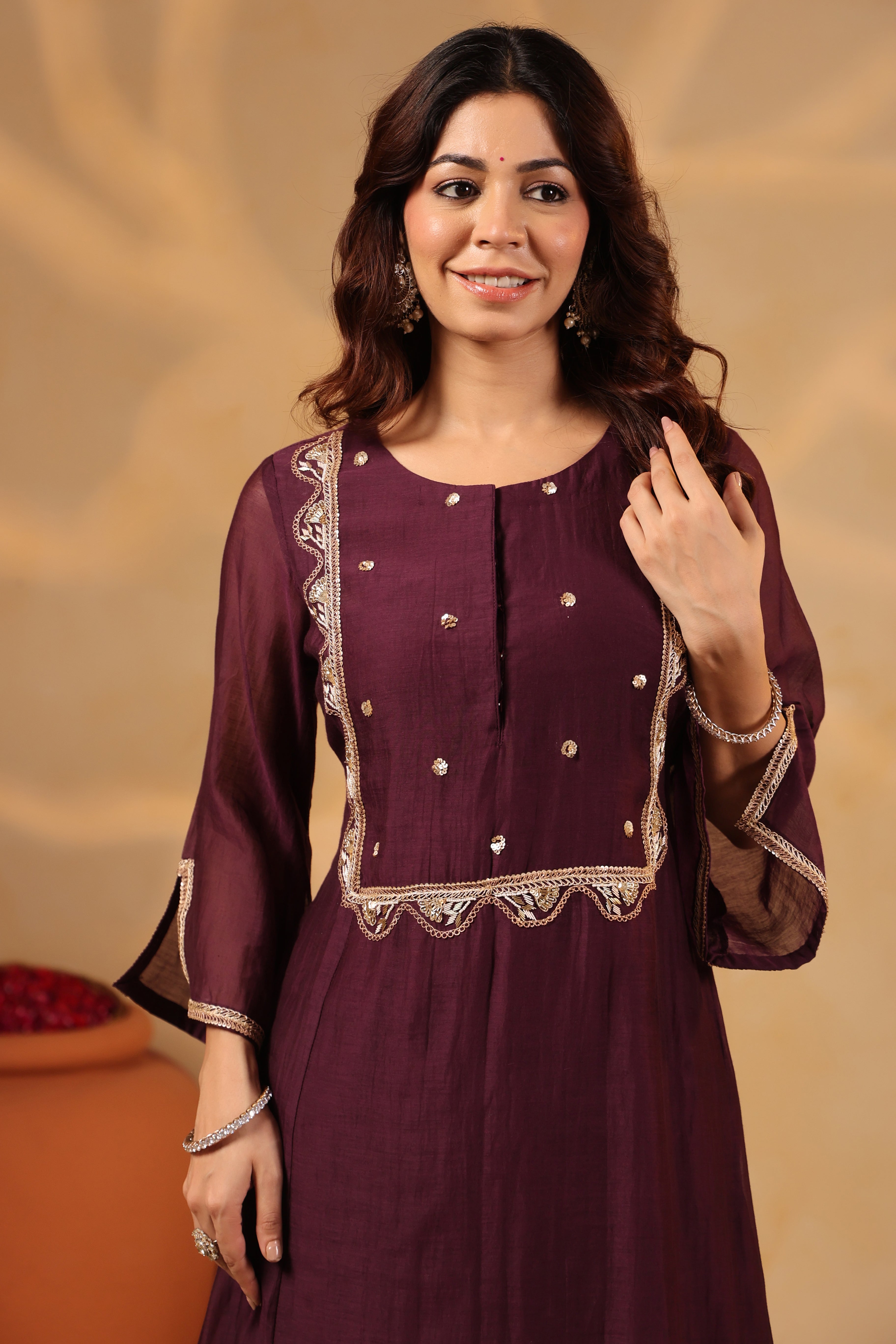 Deep Plum Zardozi Hand work Mul Chanderi Suit
