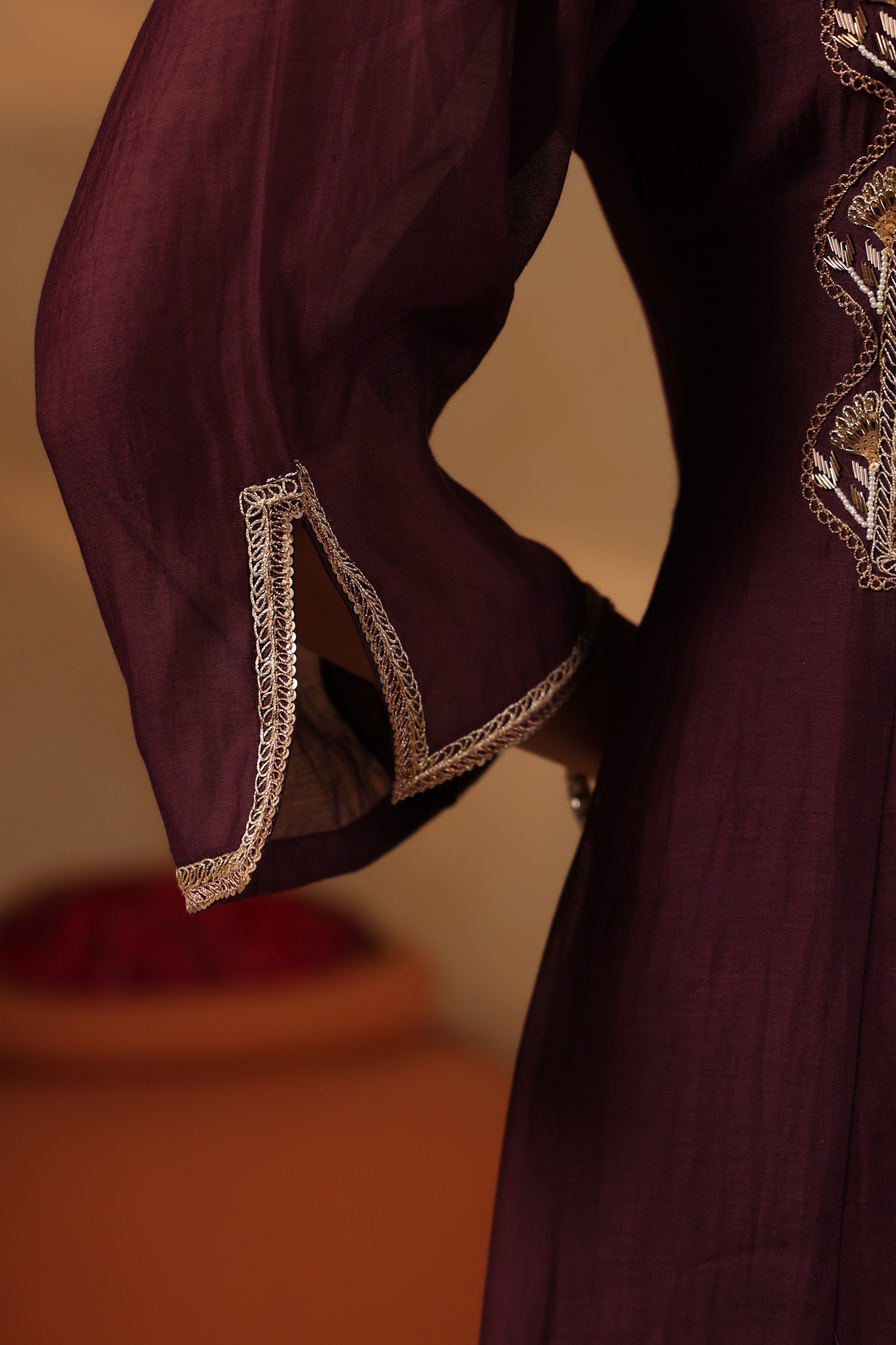 Deep Plum Zardozi Hand work Mul Chanderi Suit