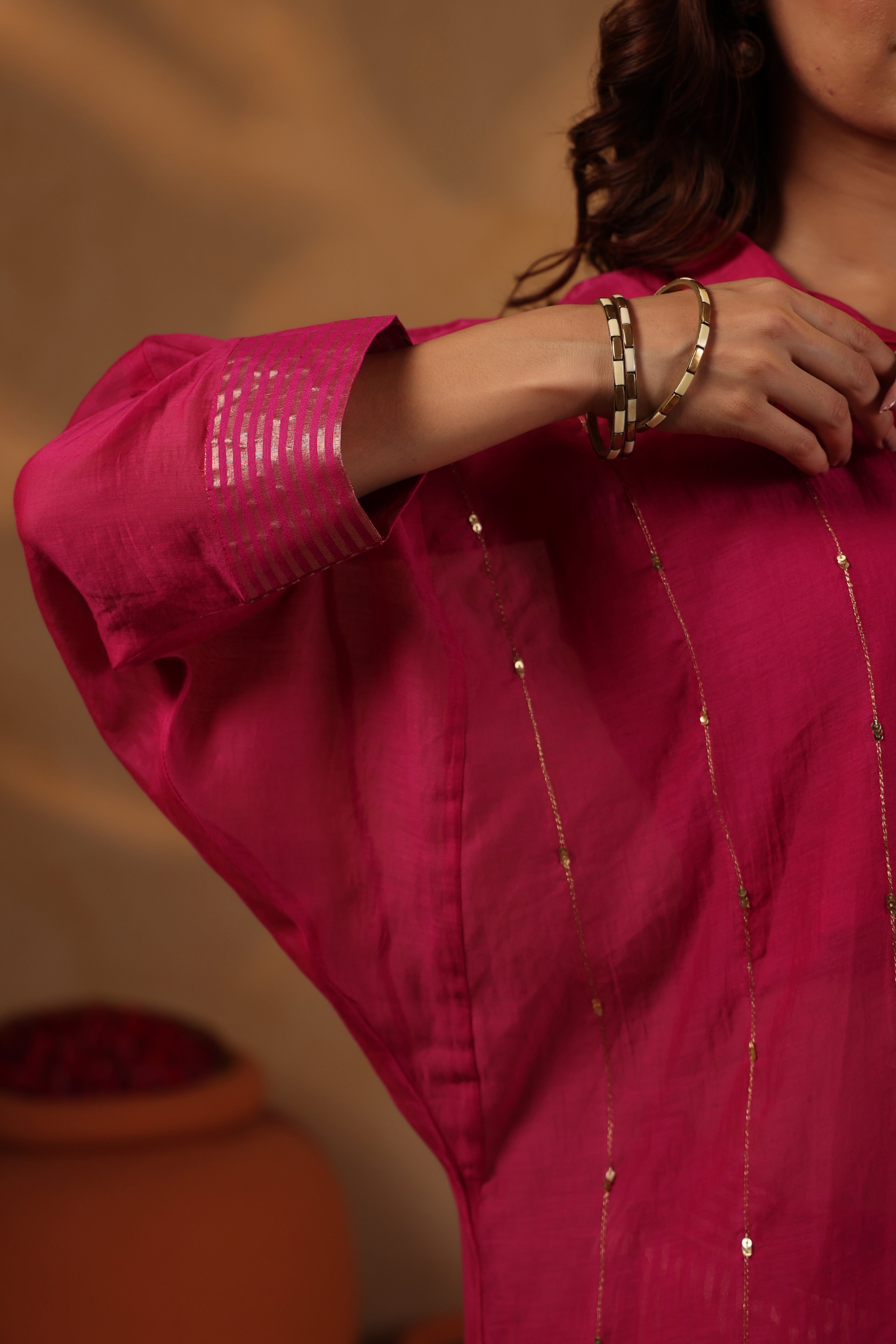Fushia Zari Work Mul Chanderi Co-ord