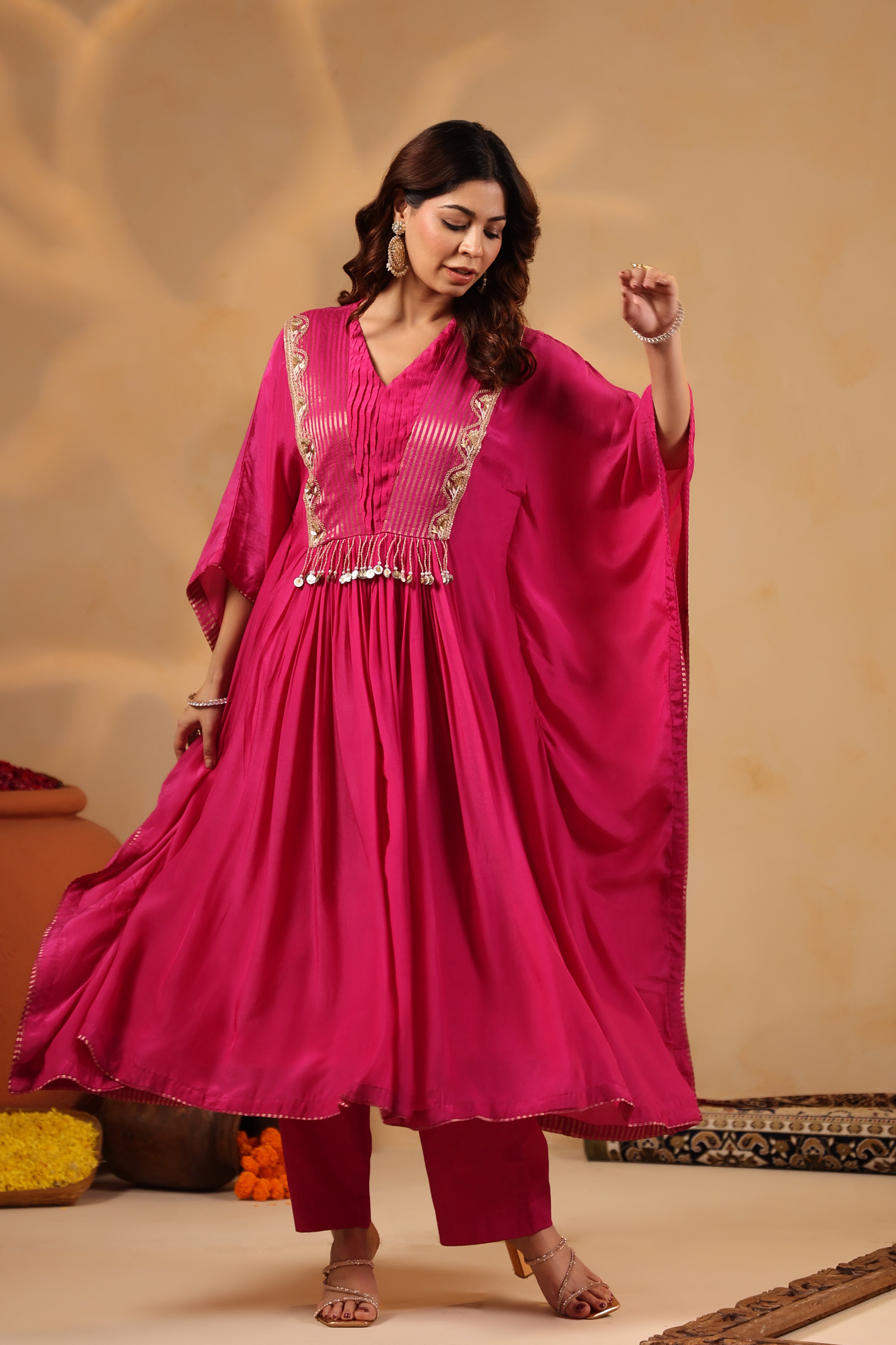 Pink Embellished Kaftan with Pant Set
