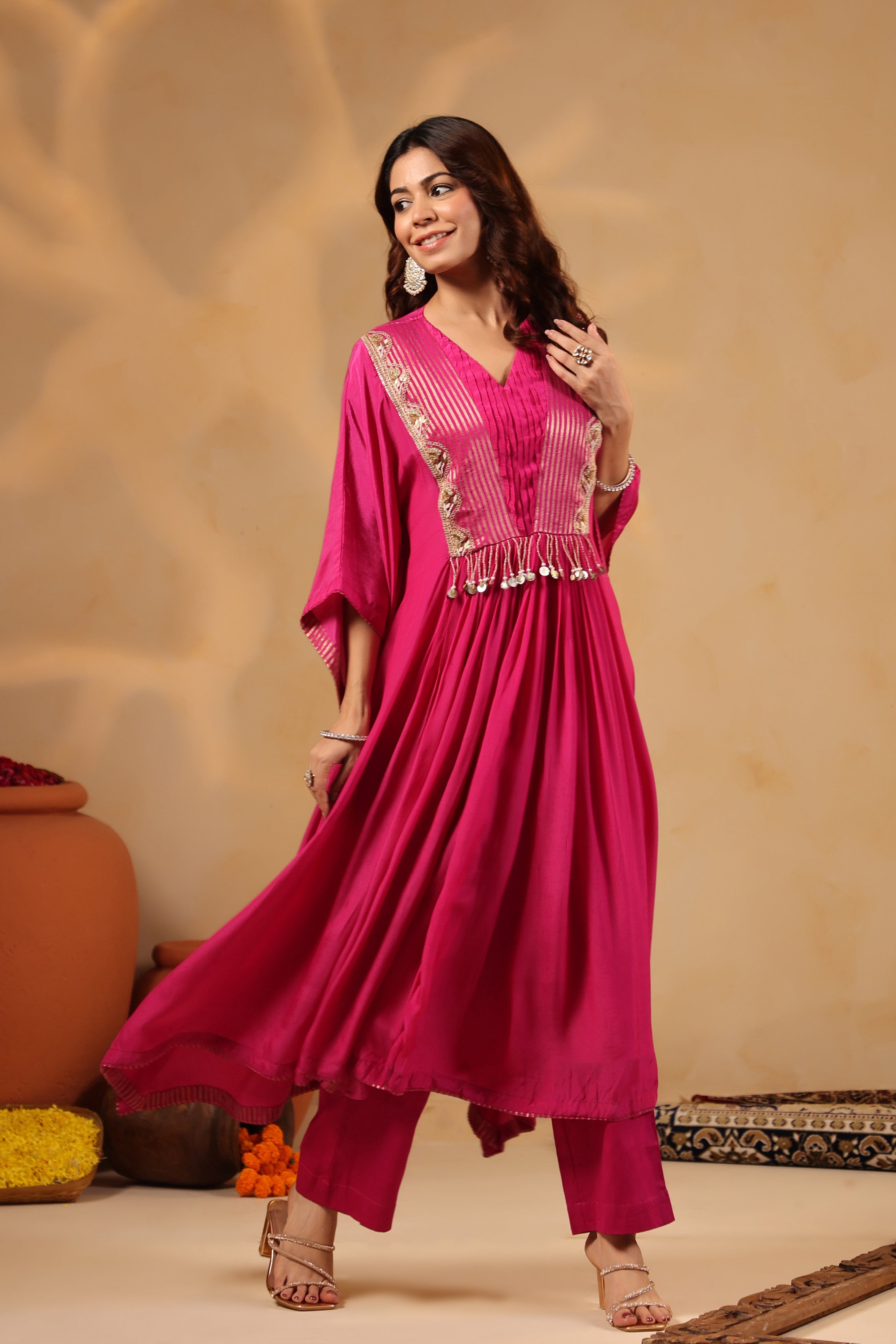 Pink Embellished Kaftan with Pant Set