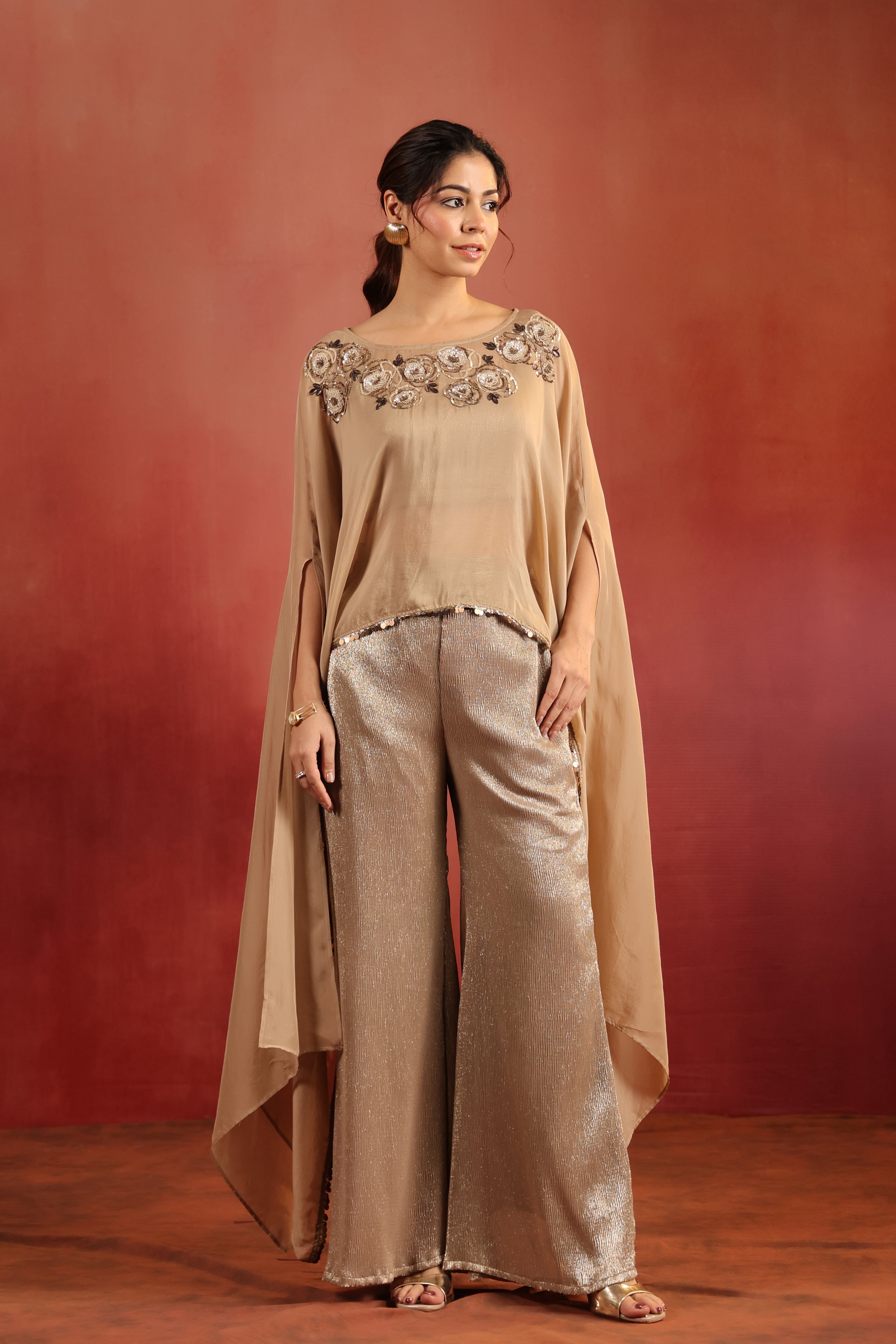 Beige Cape Co-ord Set with Bustier & Pants