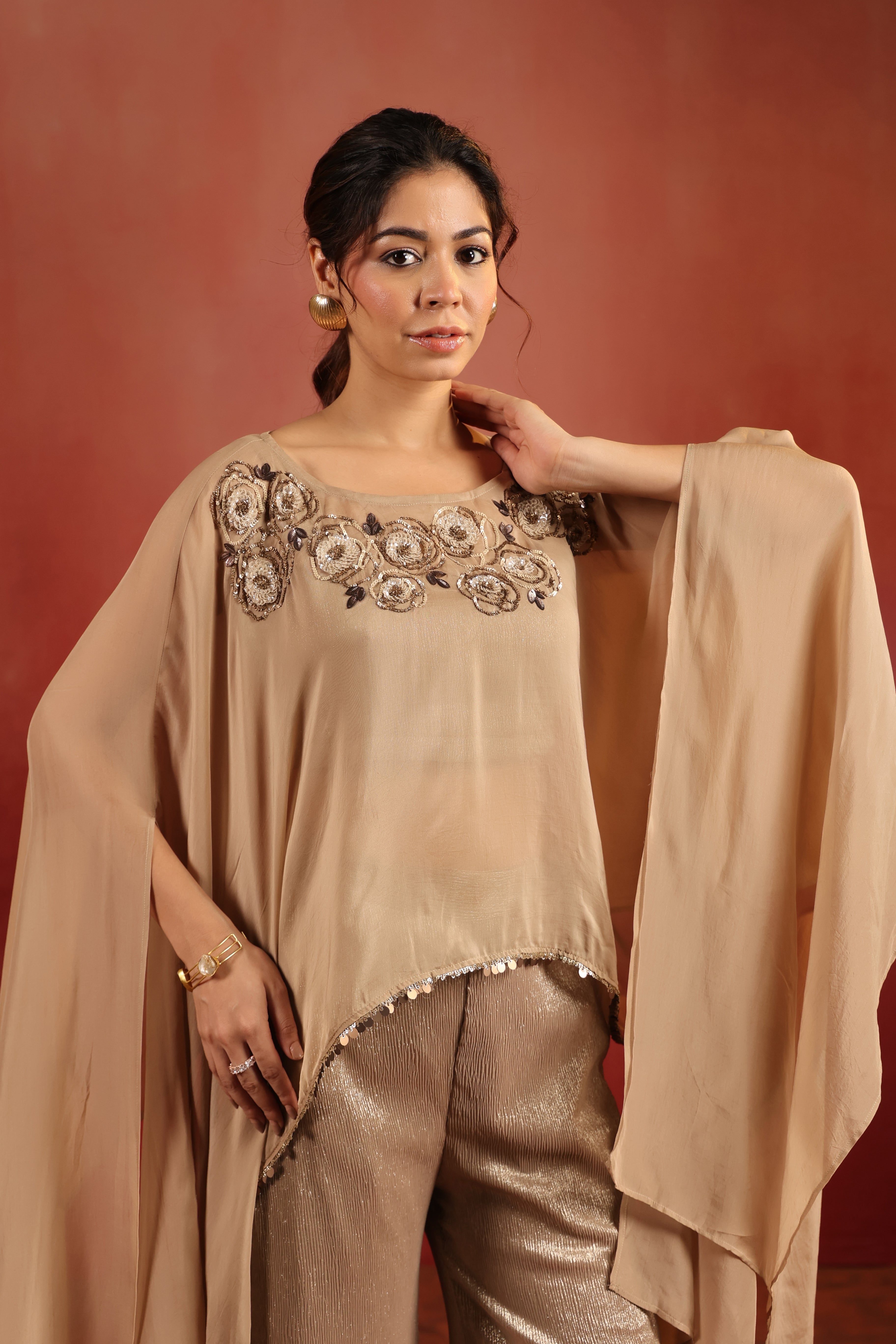 Beige Cape Co-ord Set with Bustier & Pants