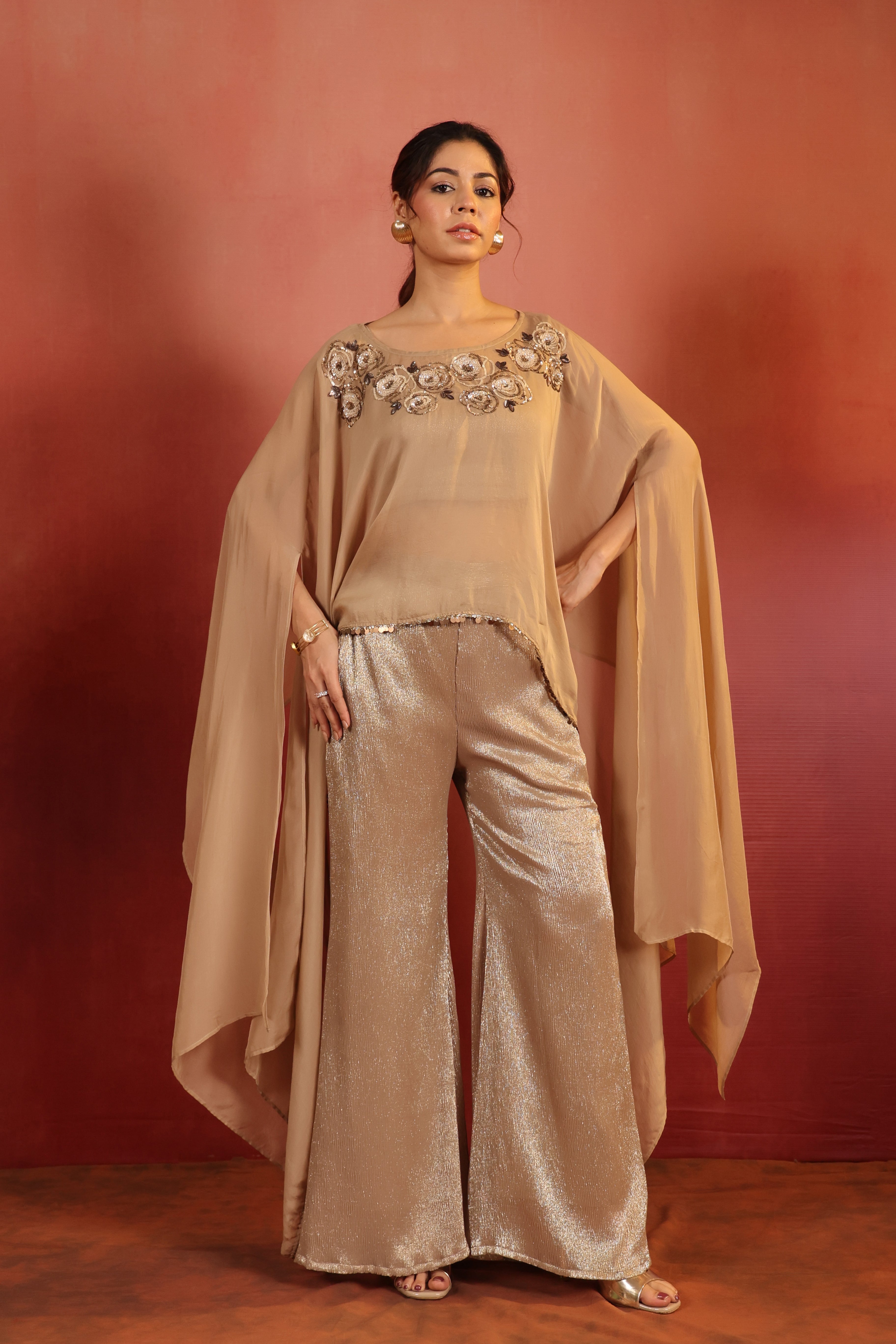 Beige Cape Co-ord Set with Bustier & Pants