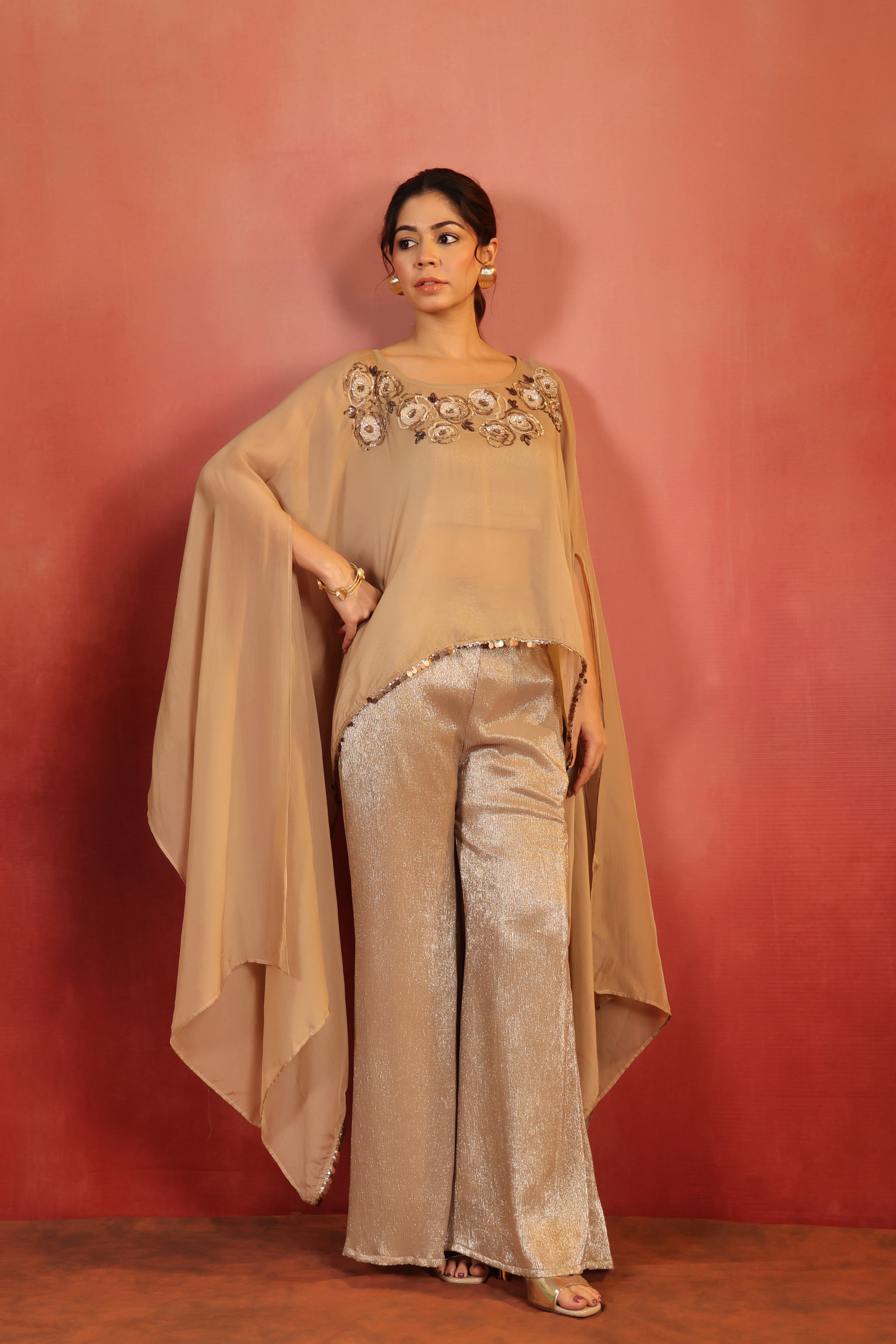 Beige Cape Co-ord Set with Bustier & Pants