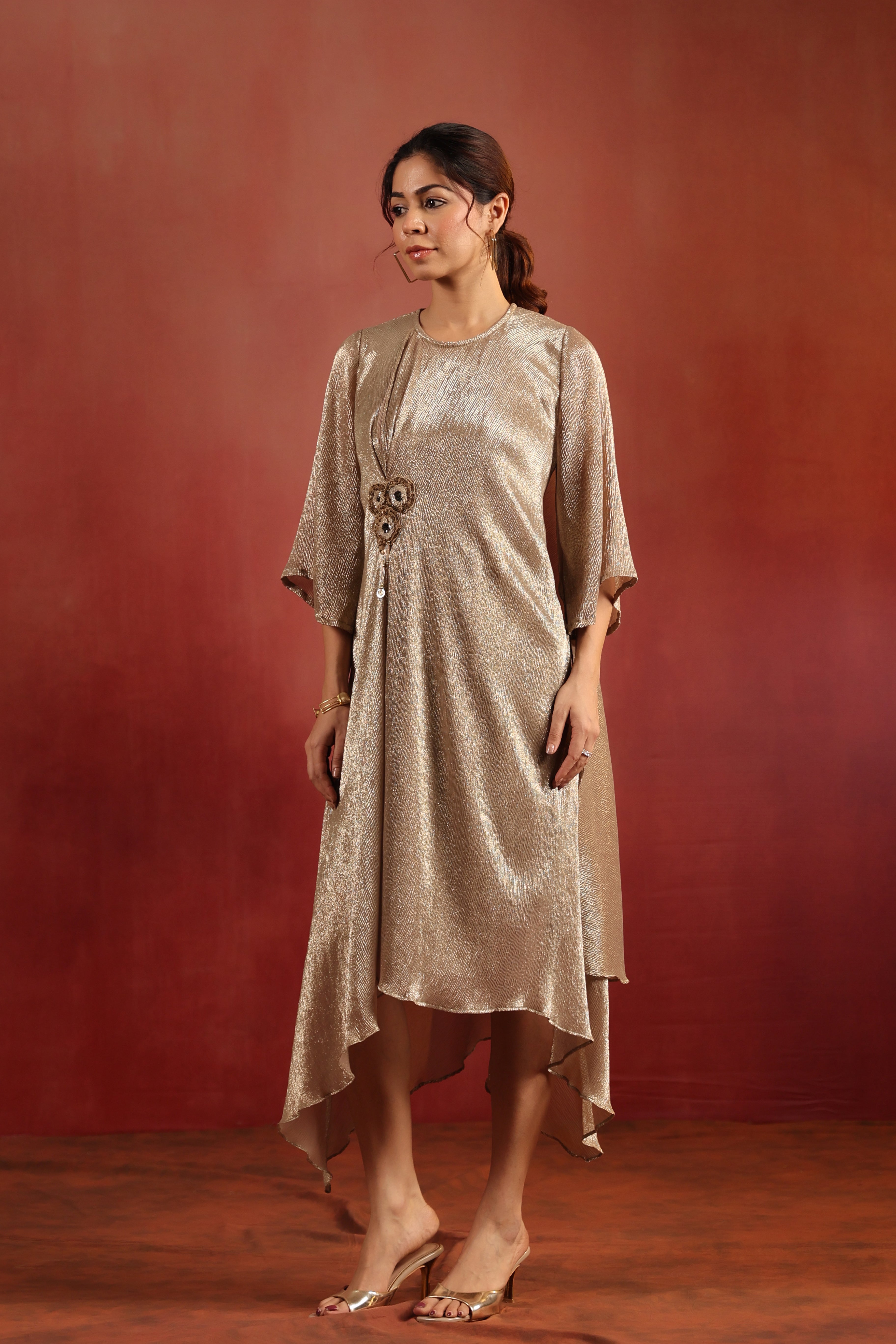 Beige Asymmetric Shimmer Dress