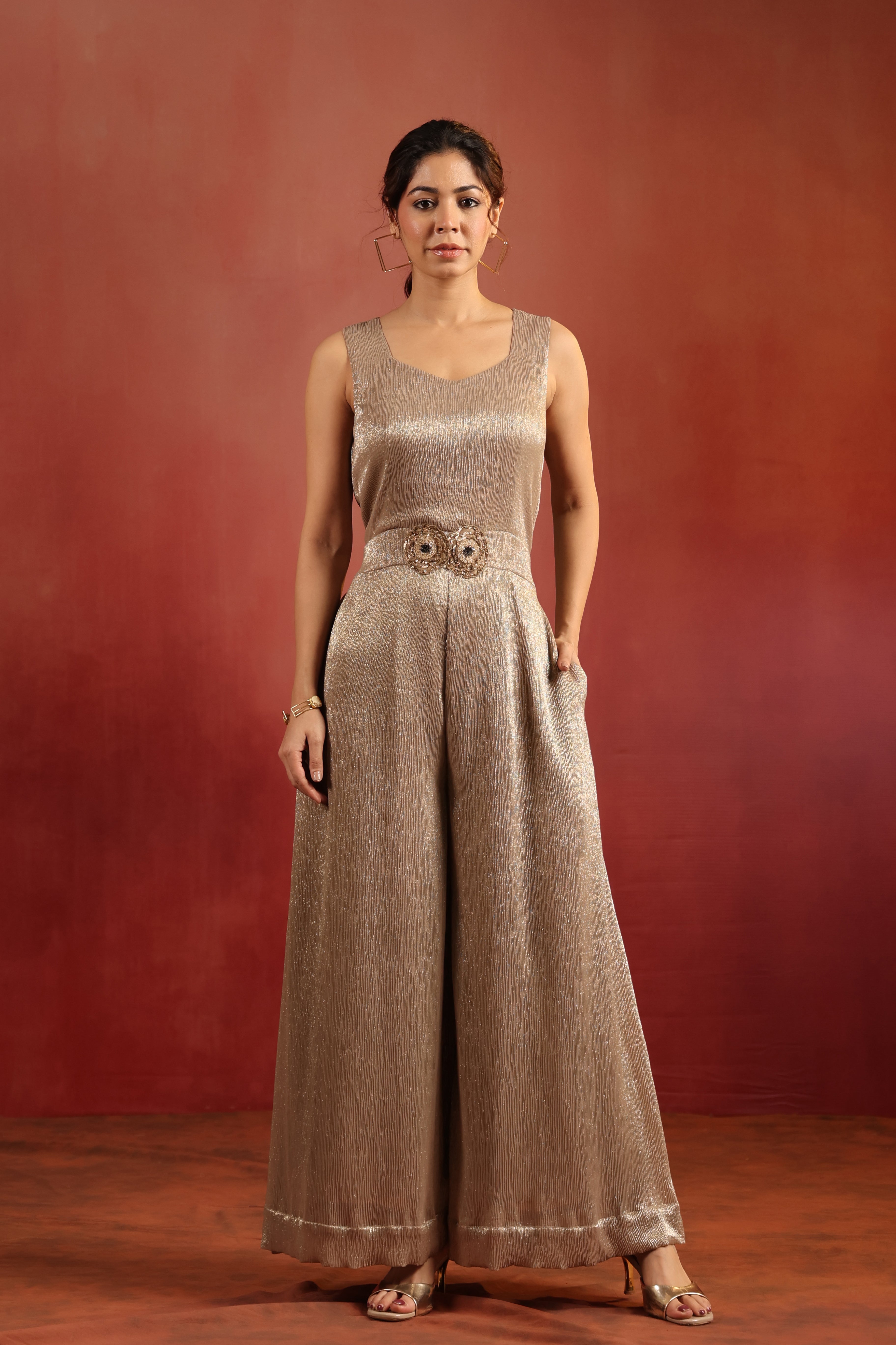 Beige Shimmer Jumpsuit with Cape