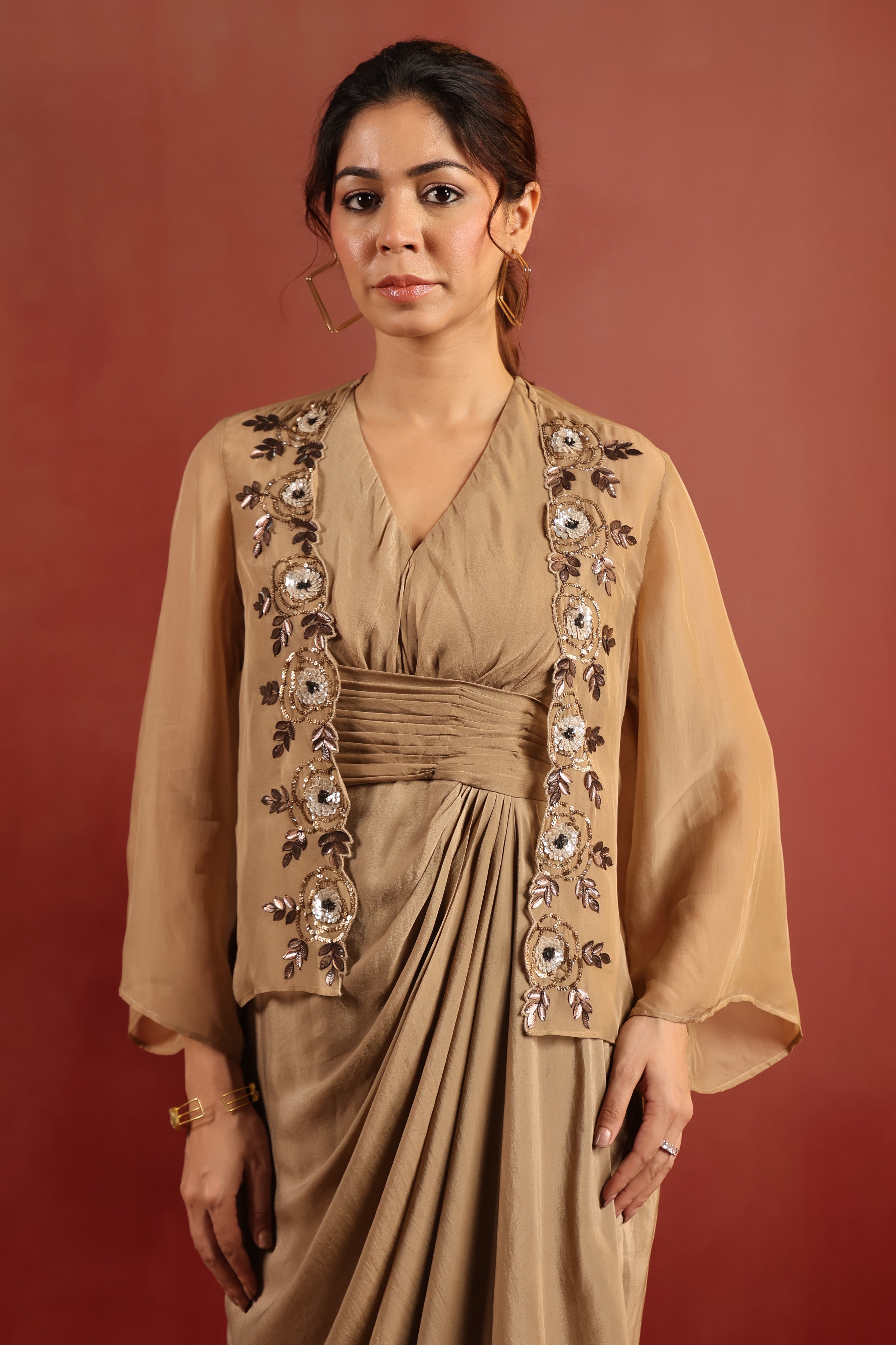 Beige Drape Dress with Cape