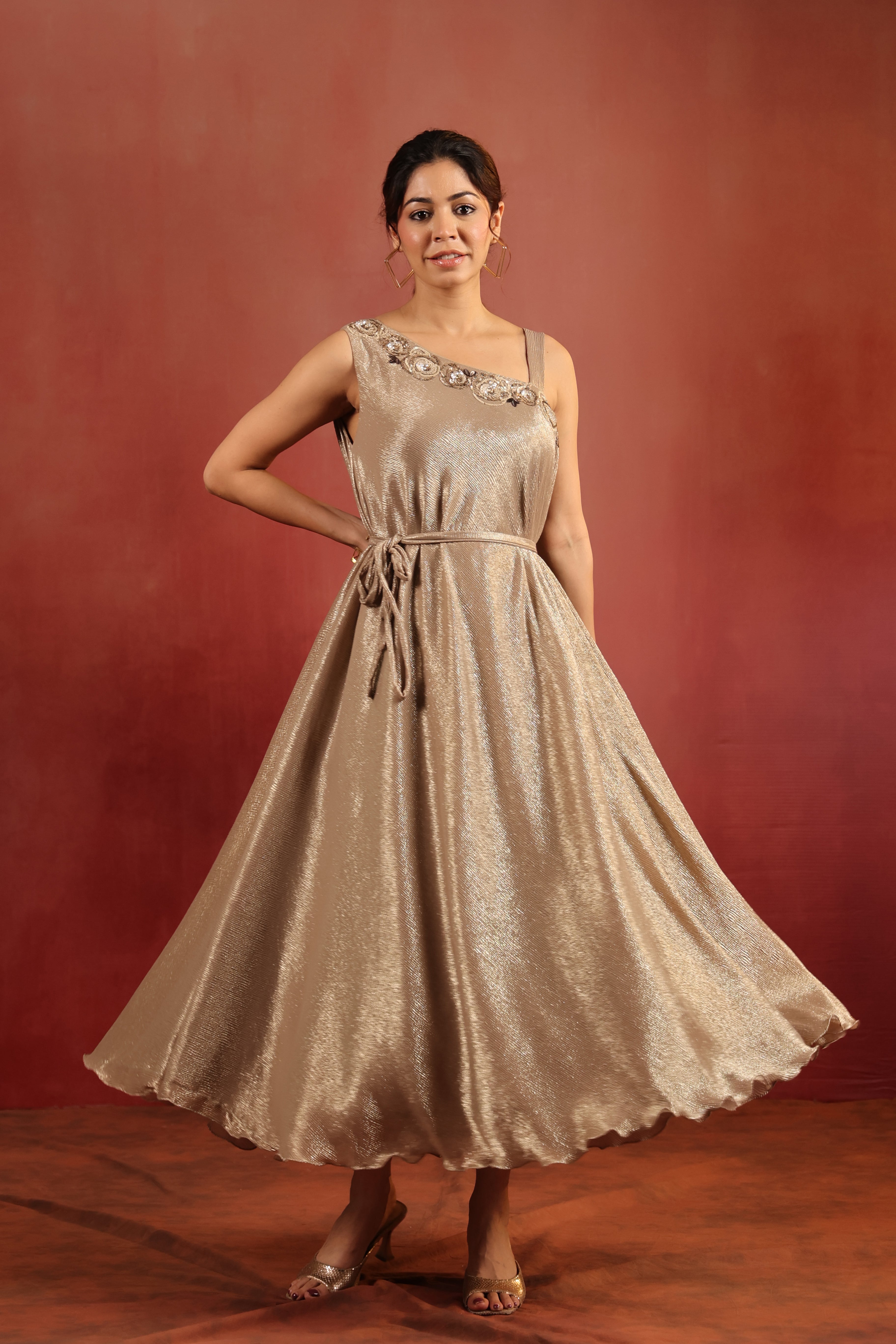 Shimmer One Shoulder Belted Dress