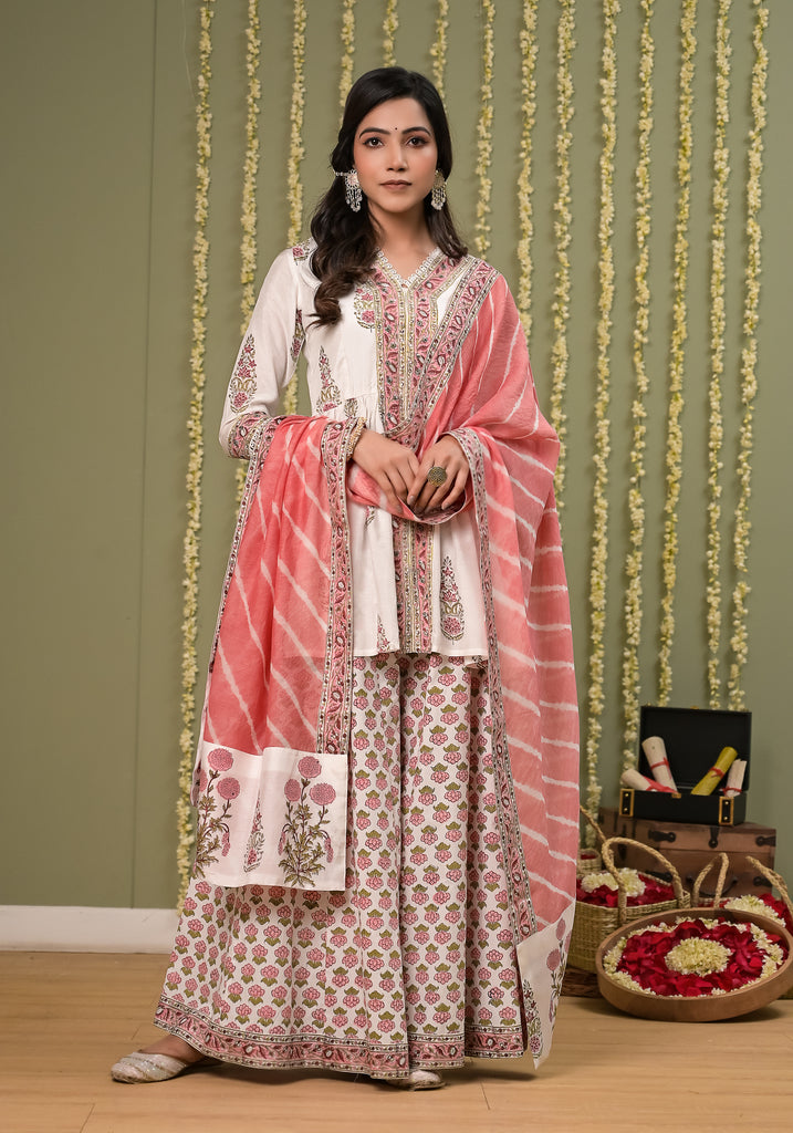 Pegaam Block Print Sharara Set- 3pcs