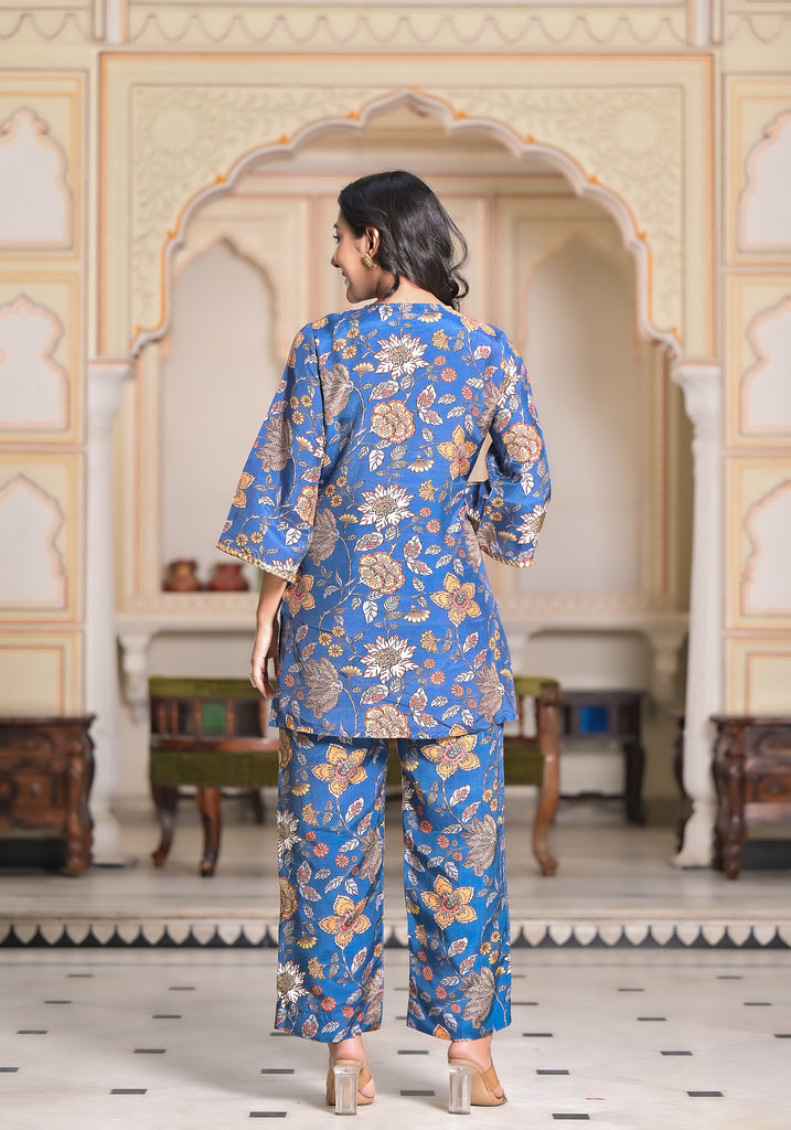 Azure Floral Fantasy Muslin Silk Co-Ord set