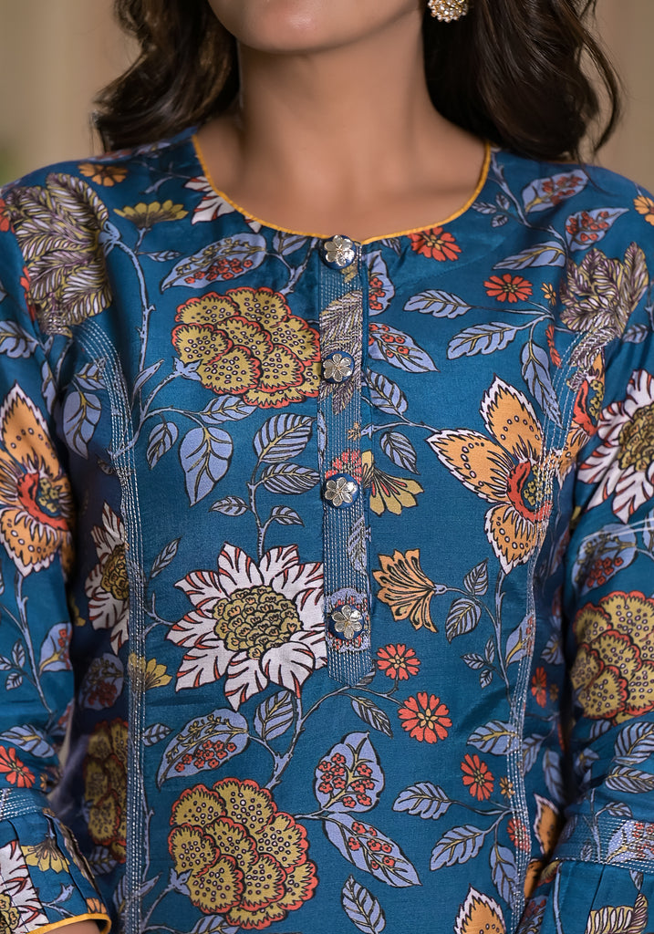 Azure Floral Fantasy Muslin Silk Zari kurta