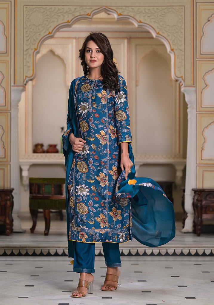 Azure Floral Fantasy kurta Pant Dupata-3pcs