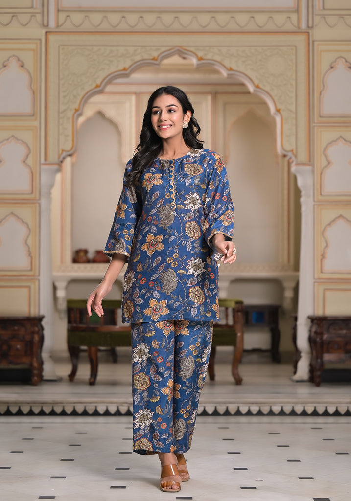 Azure Floral Fantasy Muslin Silk Co-Ord set
