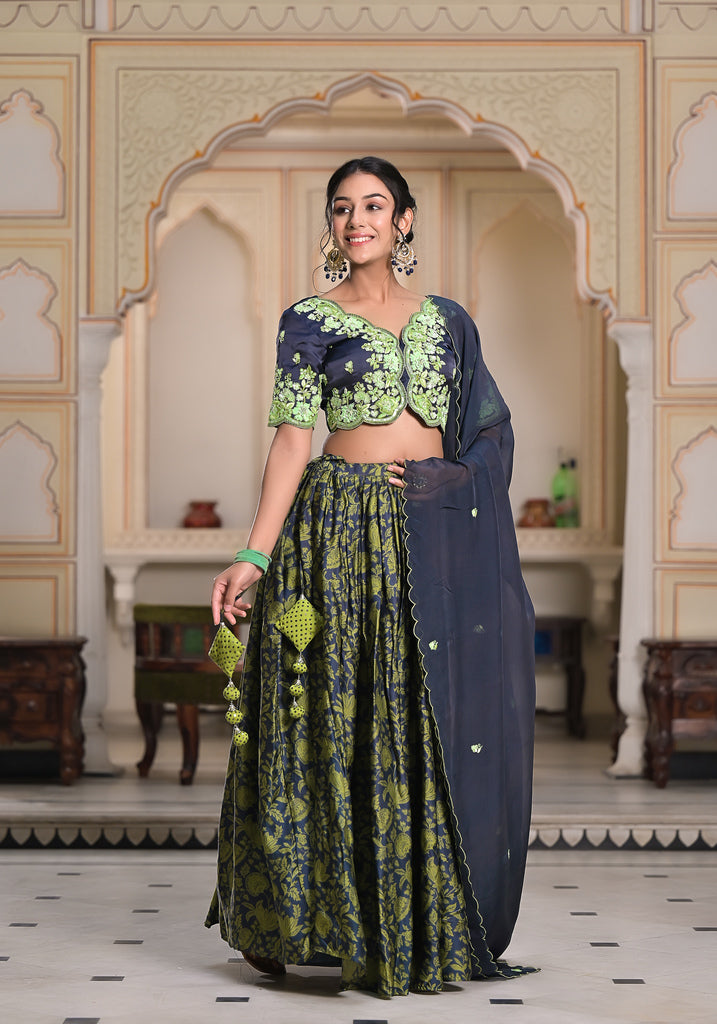 Grey Ajrak Lehenga Set-3PCS