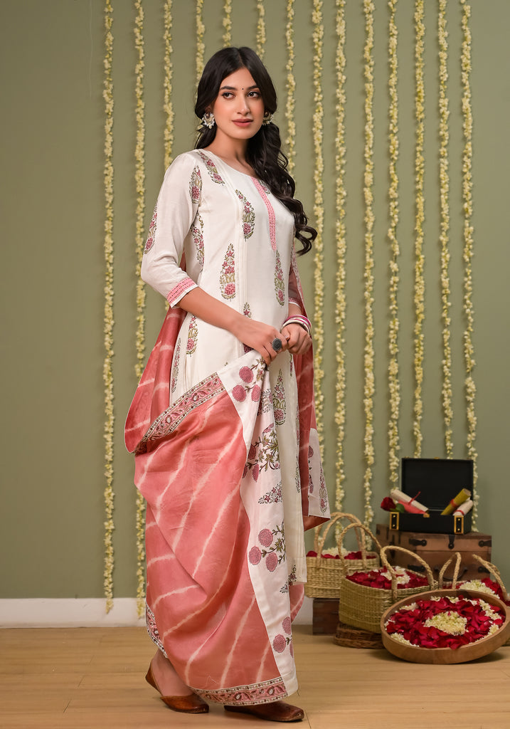 Pegaam Block Print Kurta Pant Duppata-3pcs