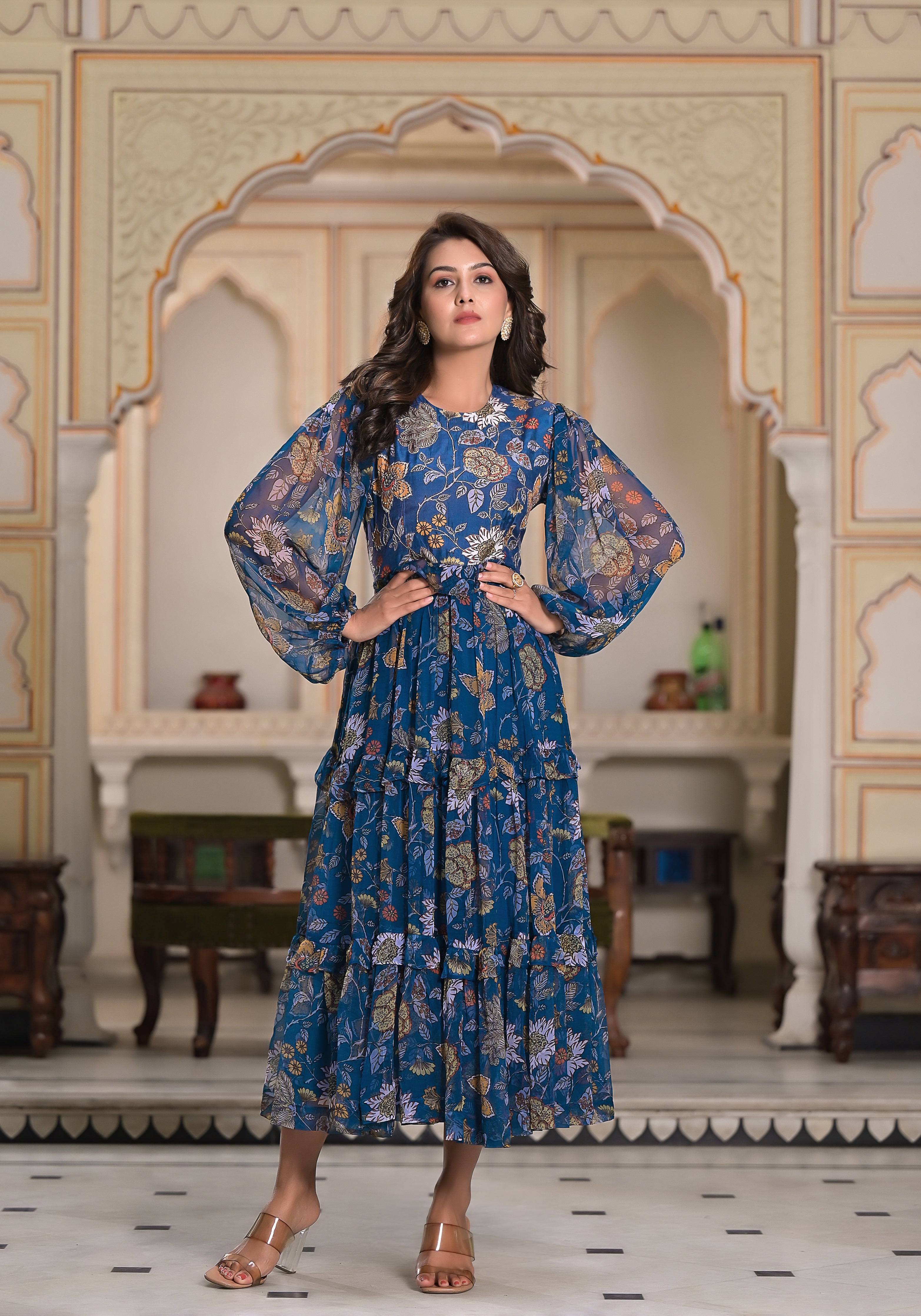 Azure Floral Fantasy Printed Chiffon Blue Tier Dress