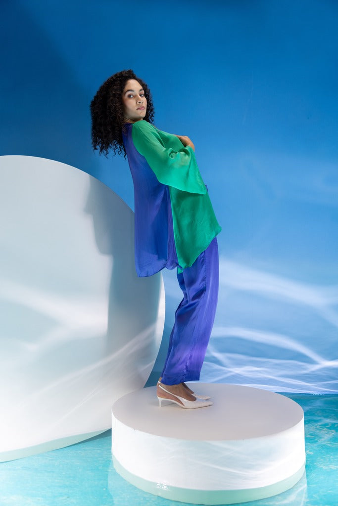 Color Block purple and Green Organza Co-Ord Set -3pcs