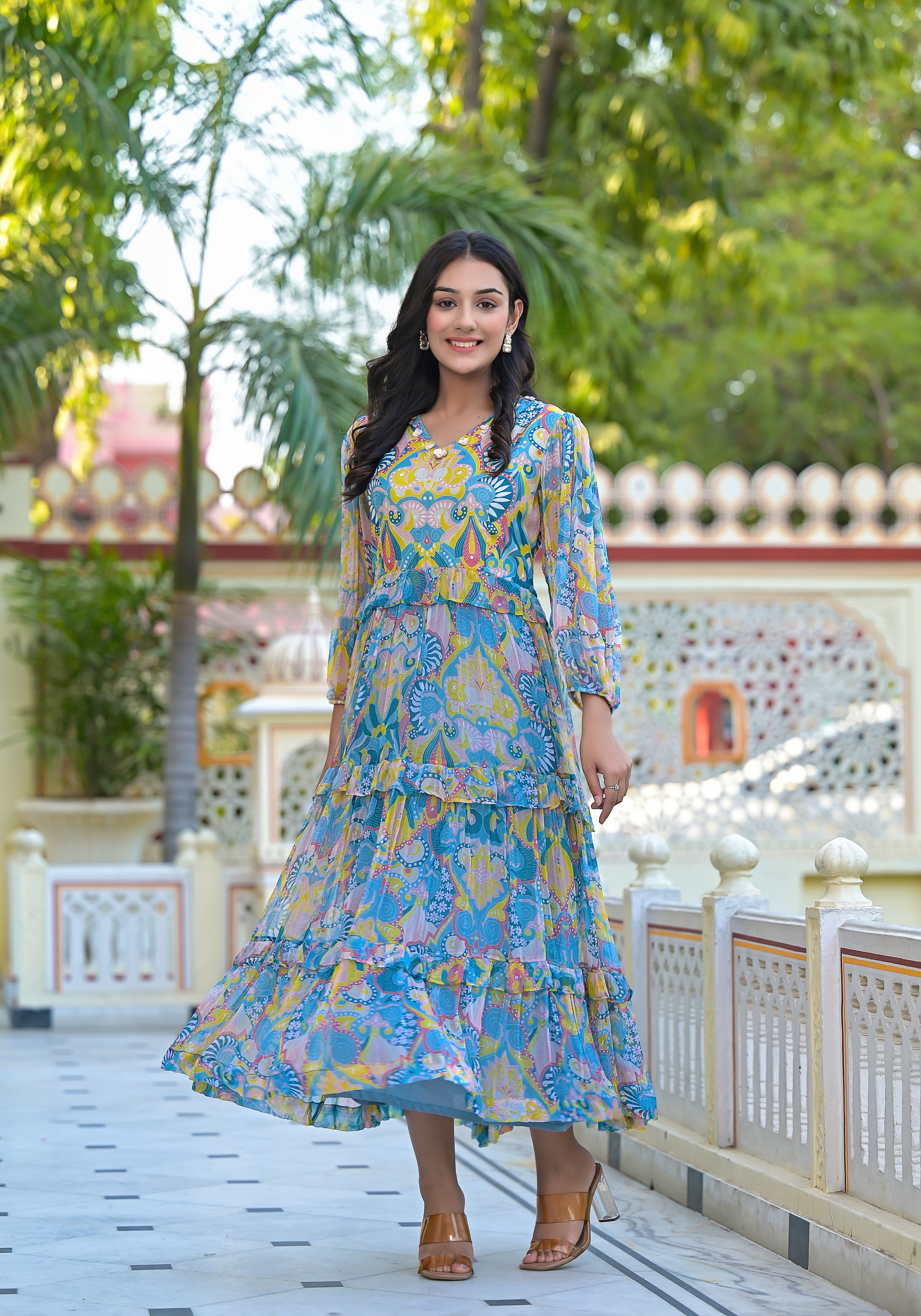 Bts Abstract Print Chiffon Tier Dress