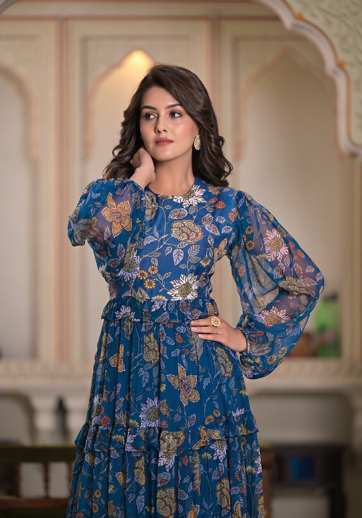 Azure Floral Fantasy Printed Chiffon Blue Tier Dress