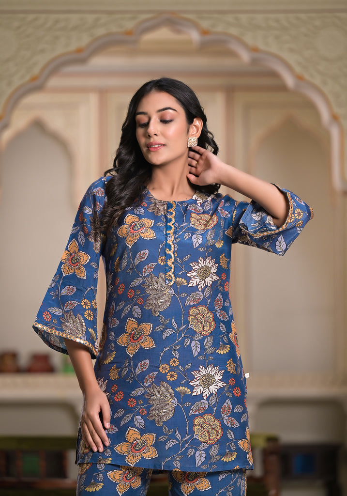 Azure Floral Fantasy Muslin Silk Co-Ord set