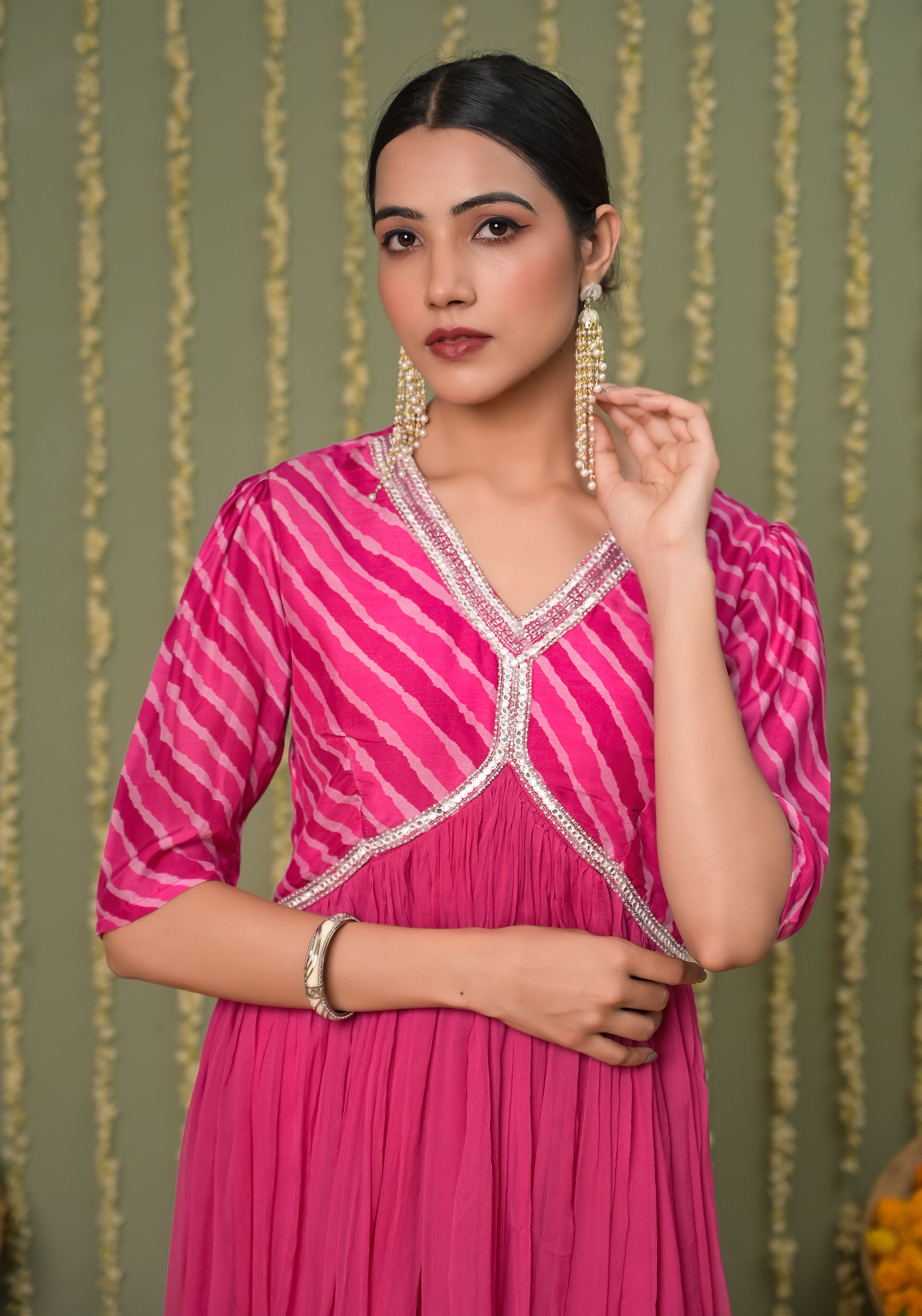Gulabi Leheriya Print Yoke and Premium Solid Chiffon Dress