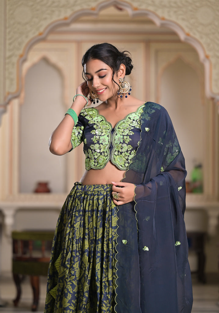 Grey Ajrak Lehenga Set-3PCS