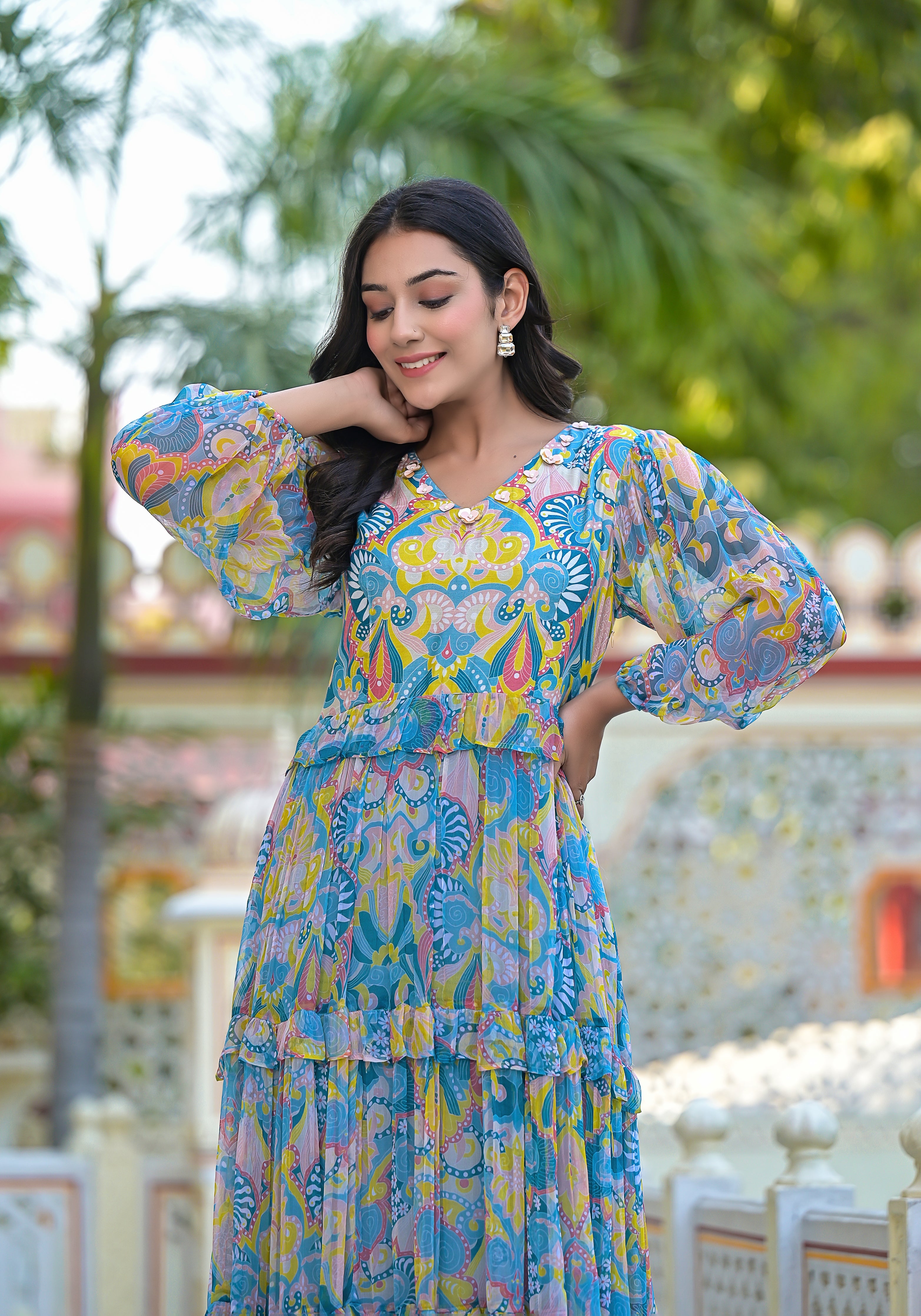 Bts Abstract Print Chiffon Tier Dress