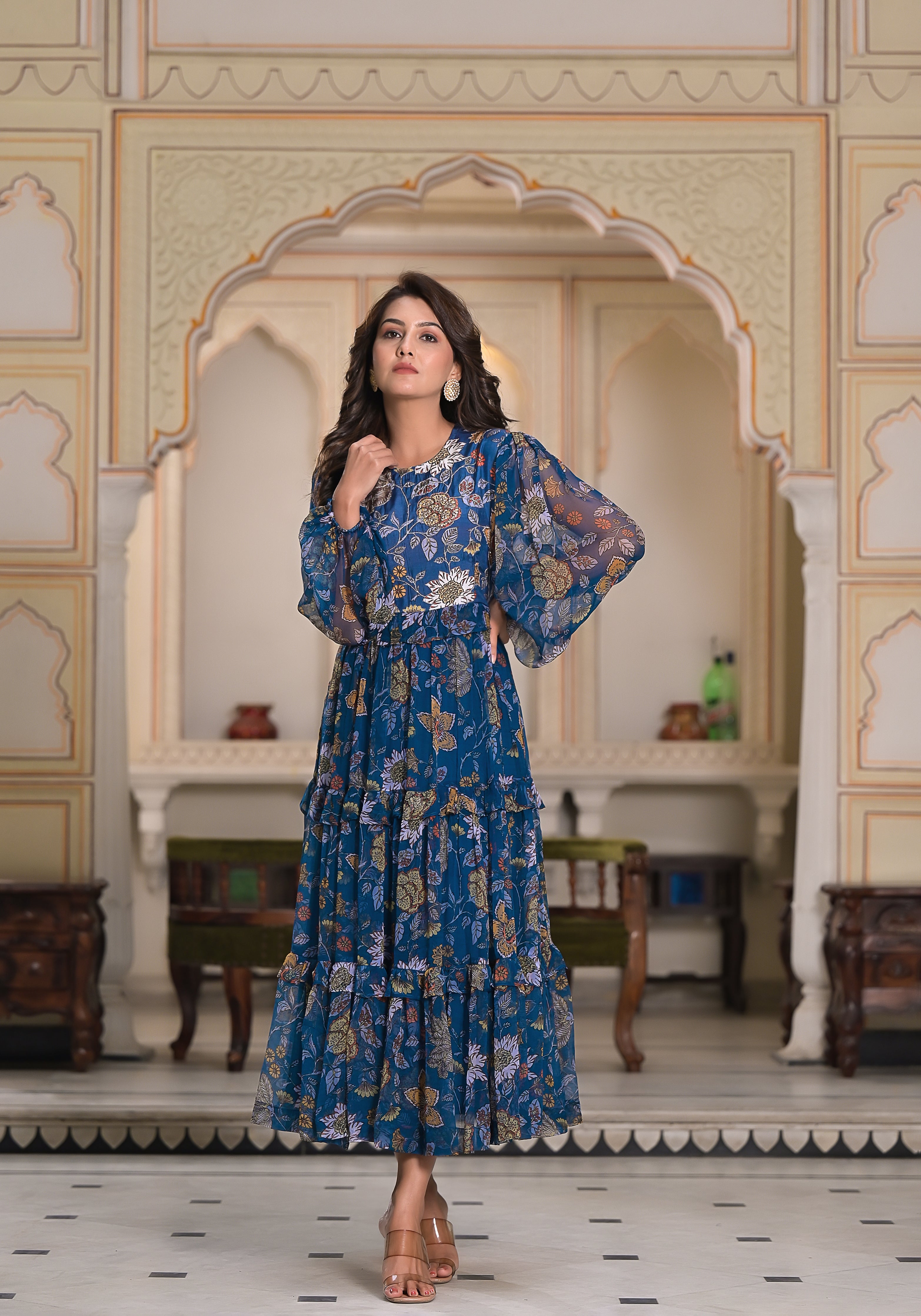 Azure Floral Fantasy Printed Chiffon Blue Tier Dress