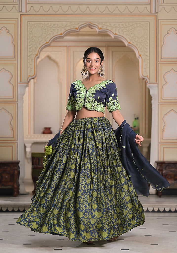 Grey Ajrak Lehenga Set-3PCS