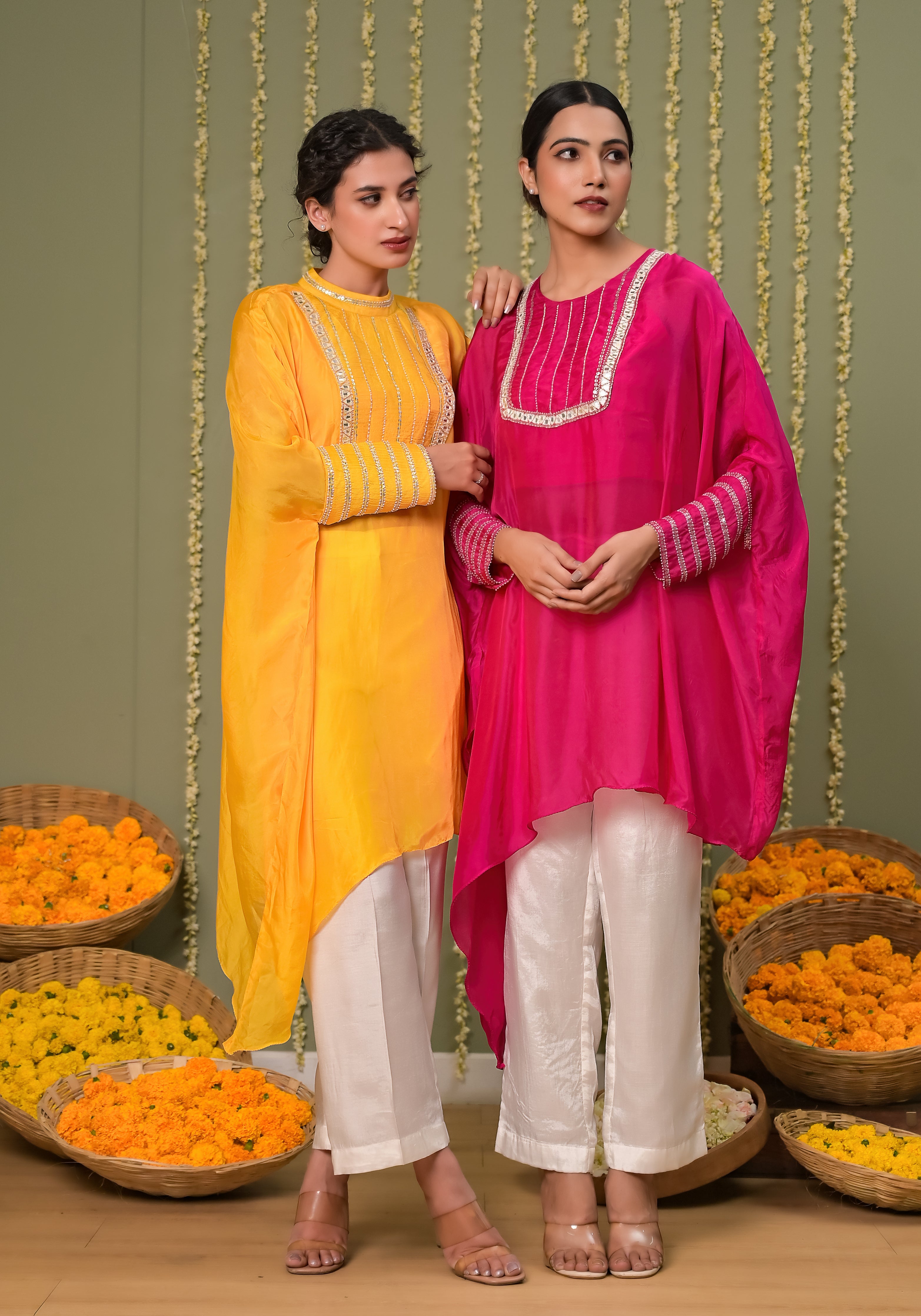 Gulabi leheriya kaftan set-3pcs
