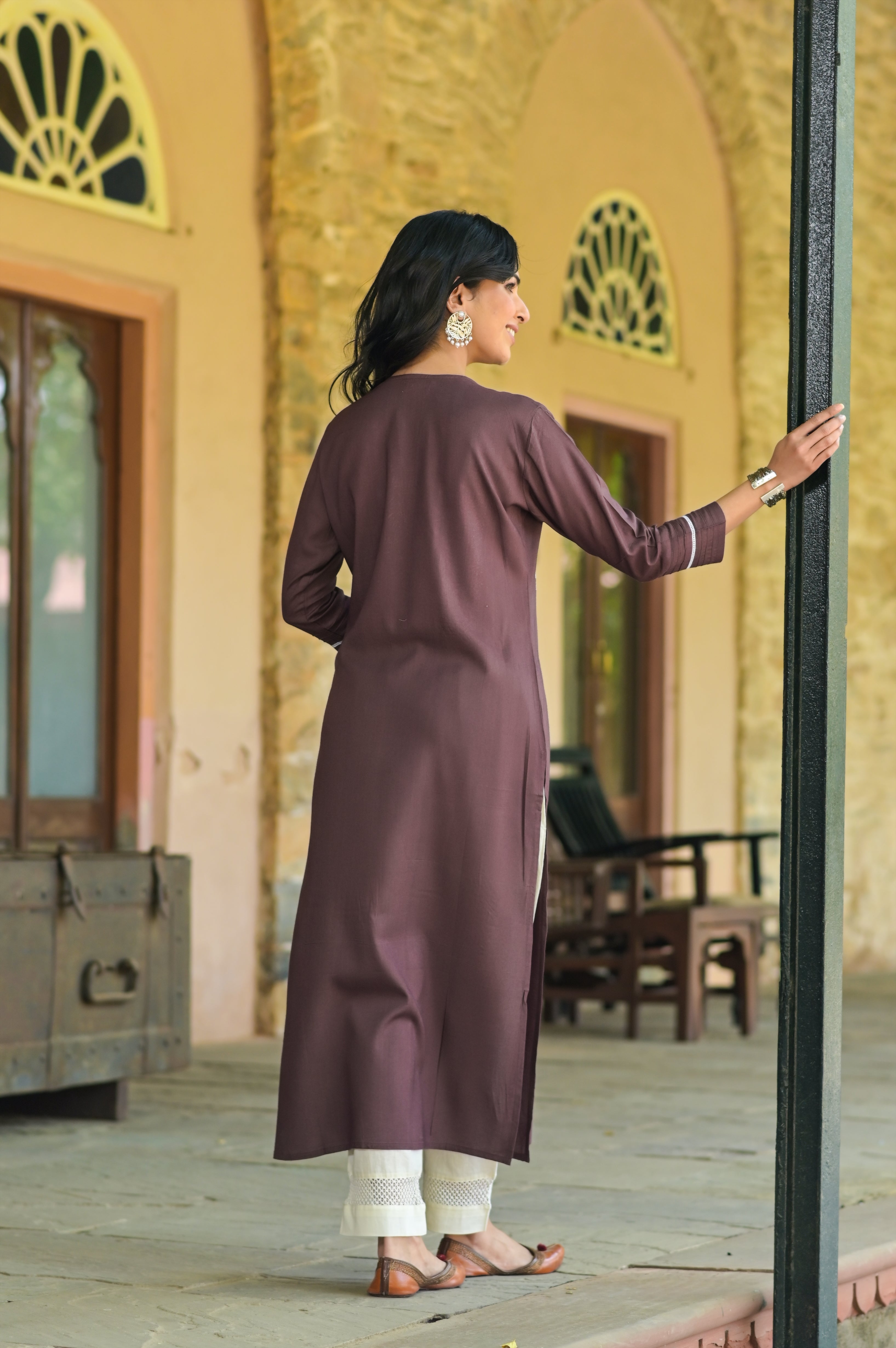 Solid yoke Embro Kurta
