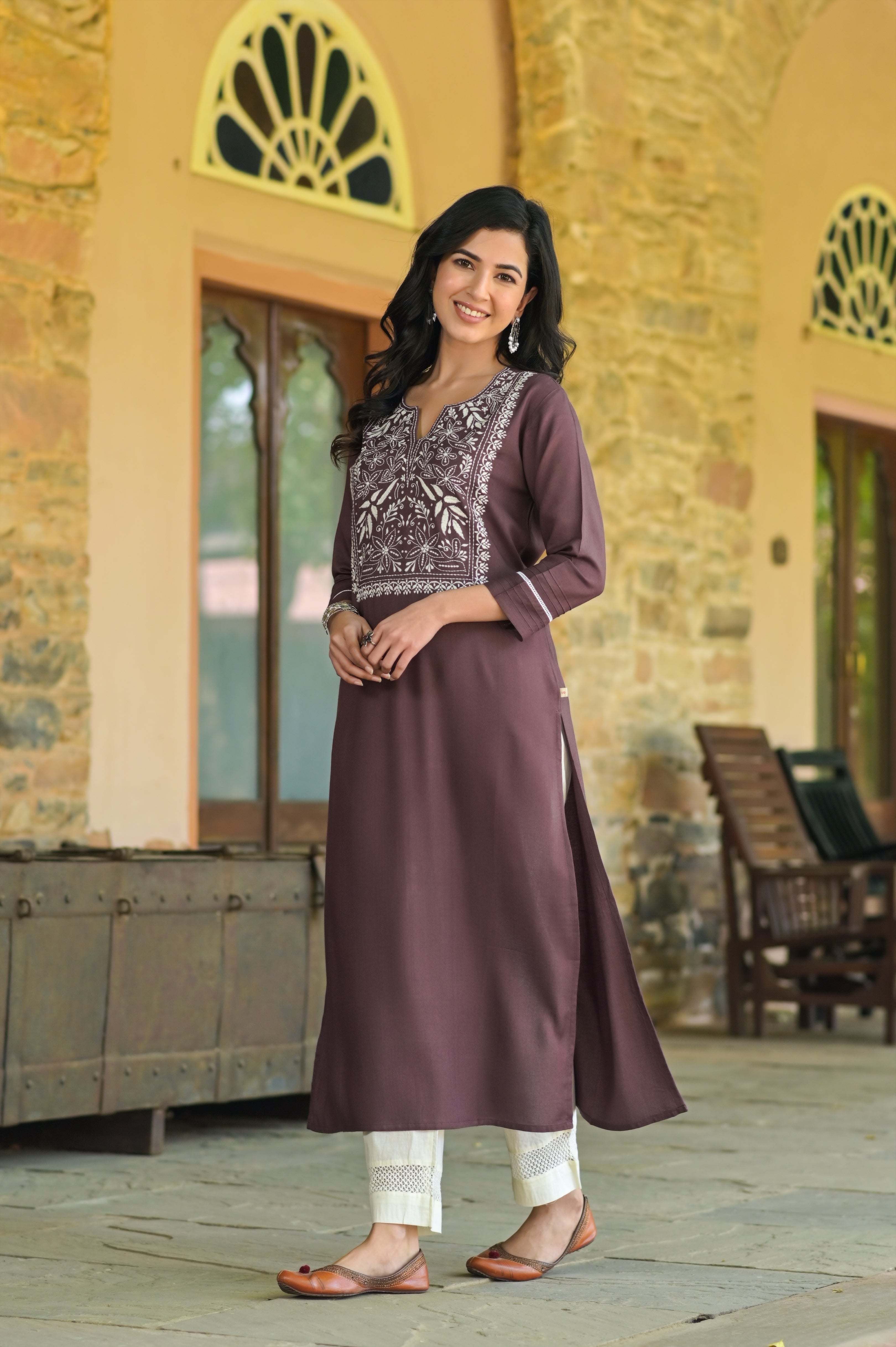 Solid yoke Embro Kurta