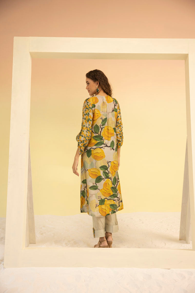 FLORAL PINTUCK KURTA WITH SOLID PANTS