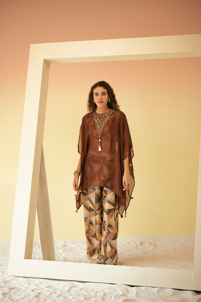 ORGANZA EMBELLISHED CAPE WITH BUSTIER & PANTS