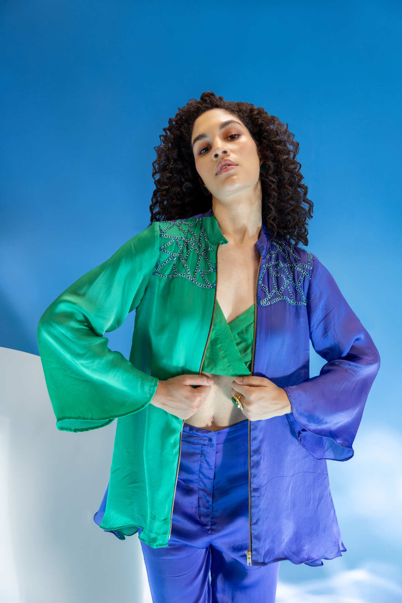 Color Block purple and Green Organza Co-Ord Set -3pcs