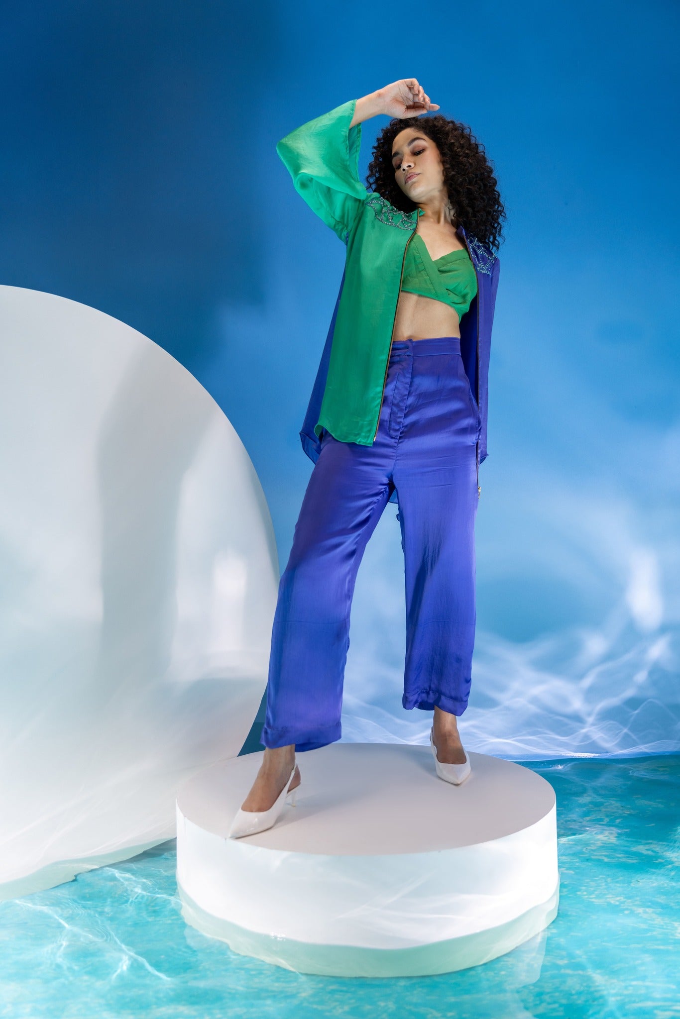 Color Block purple and Green Organza Co-Ord Set -3pcs