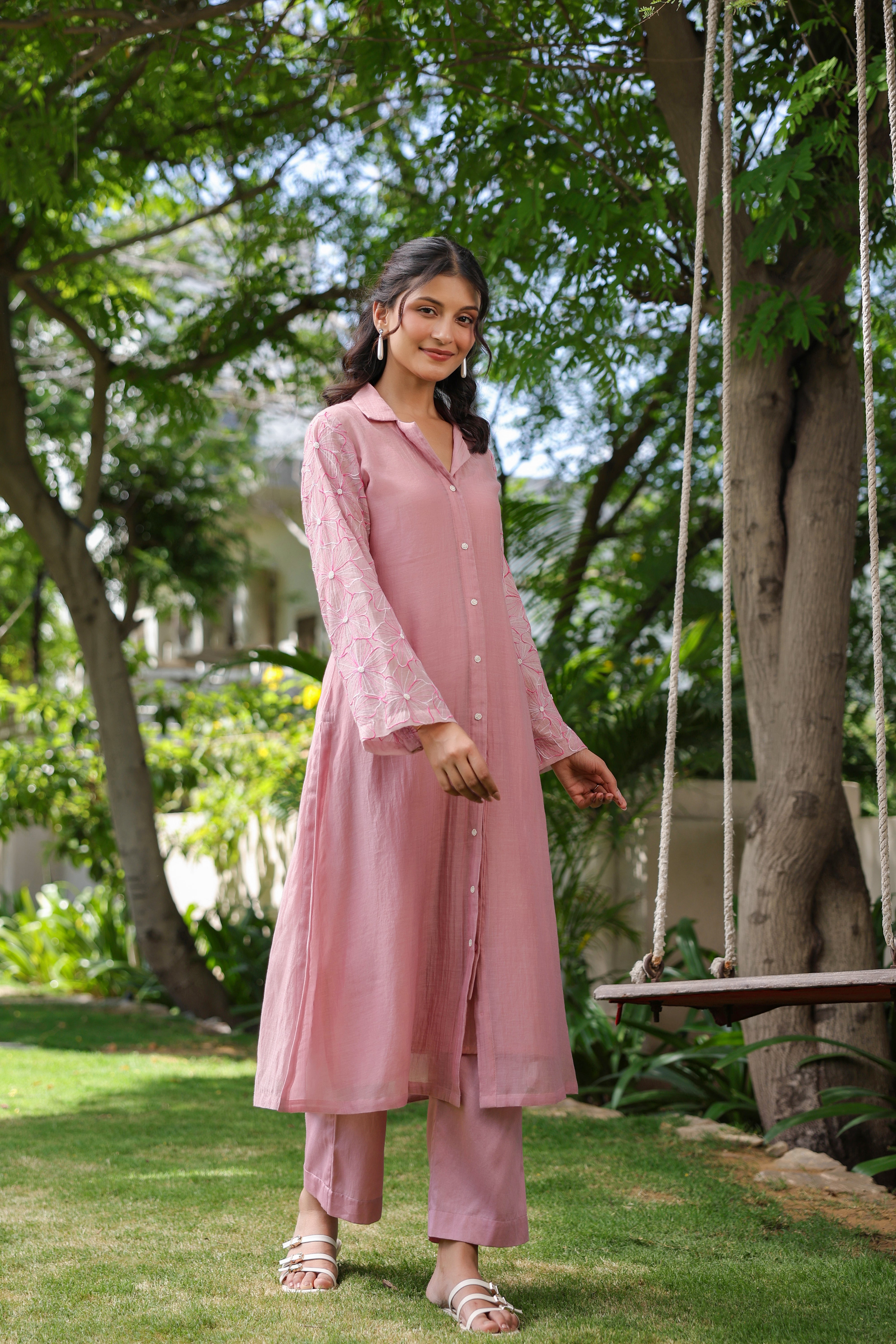 Gul Pink Sleeve Embroidered Coord Set