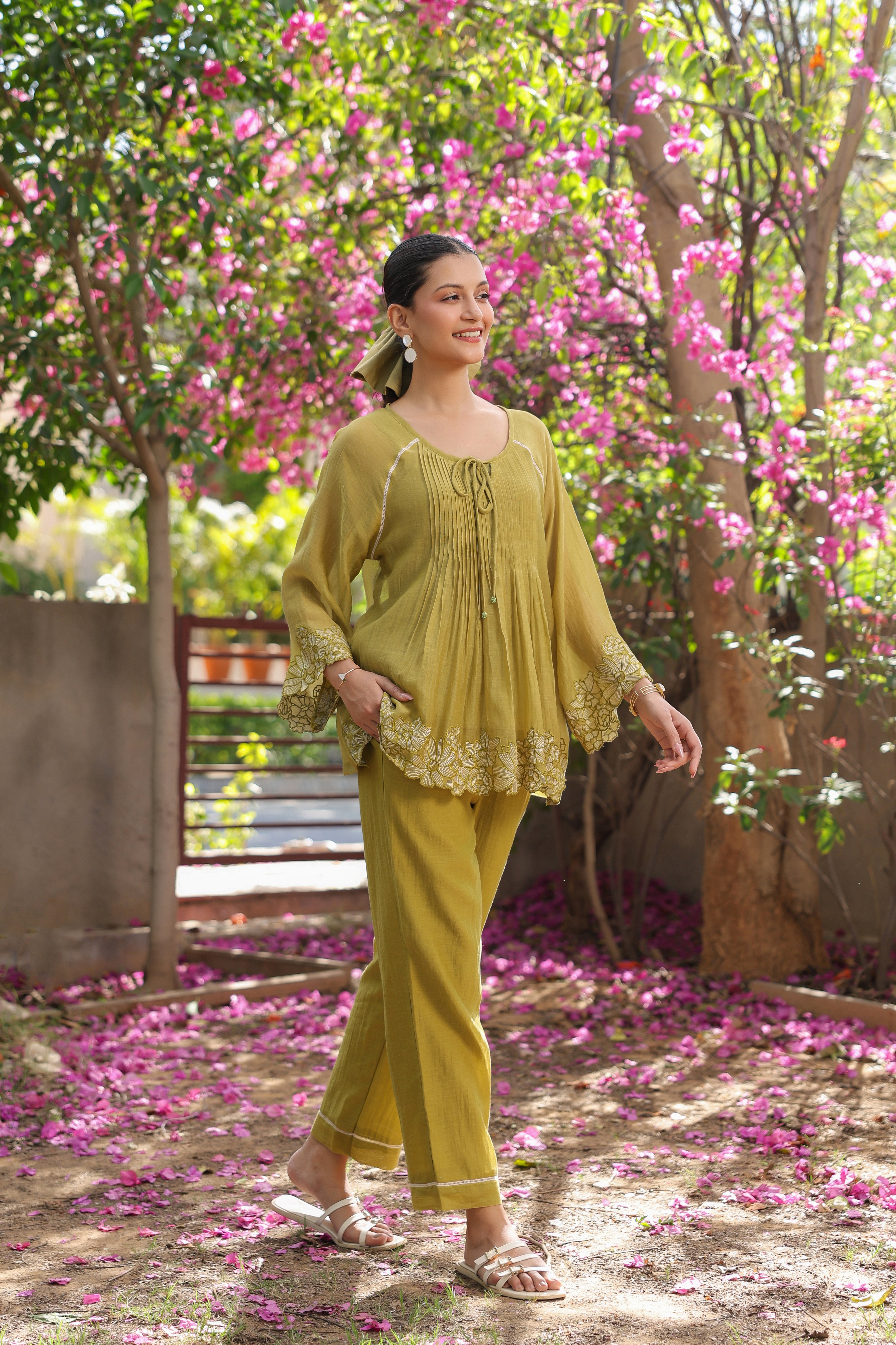 Gul Green Pintuck Embroidered Coord Set